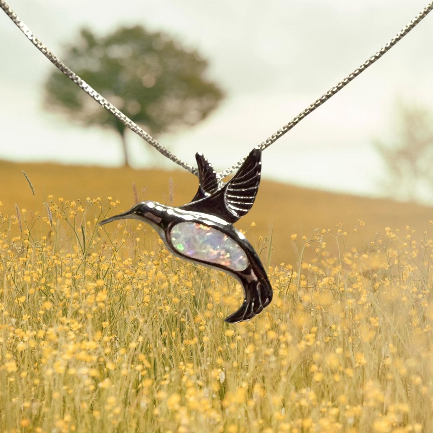 White Fire Opal Hummingbird S/S Pendant