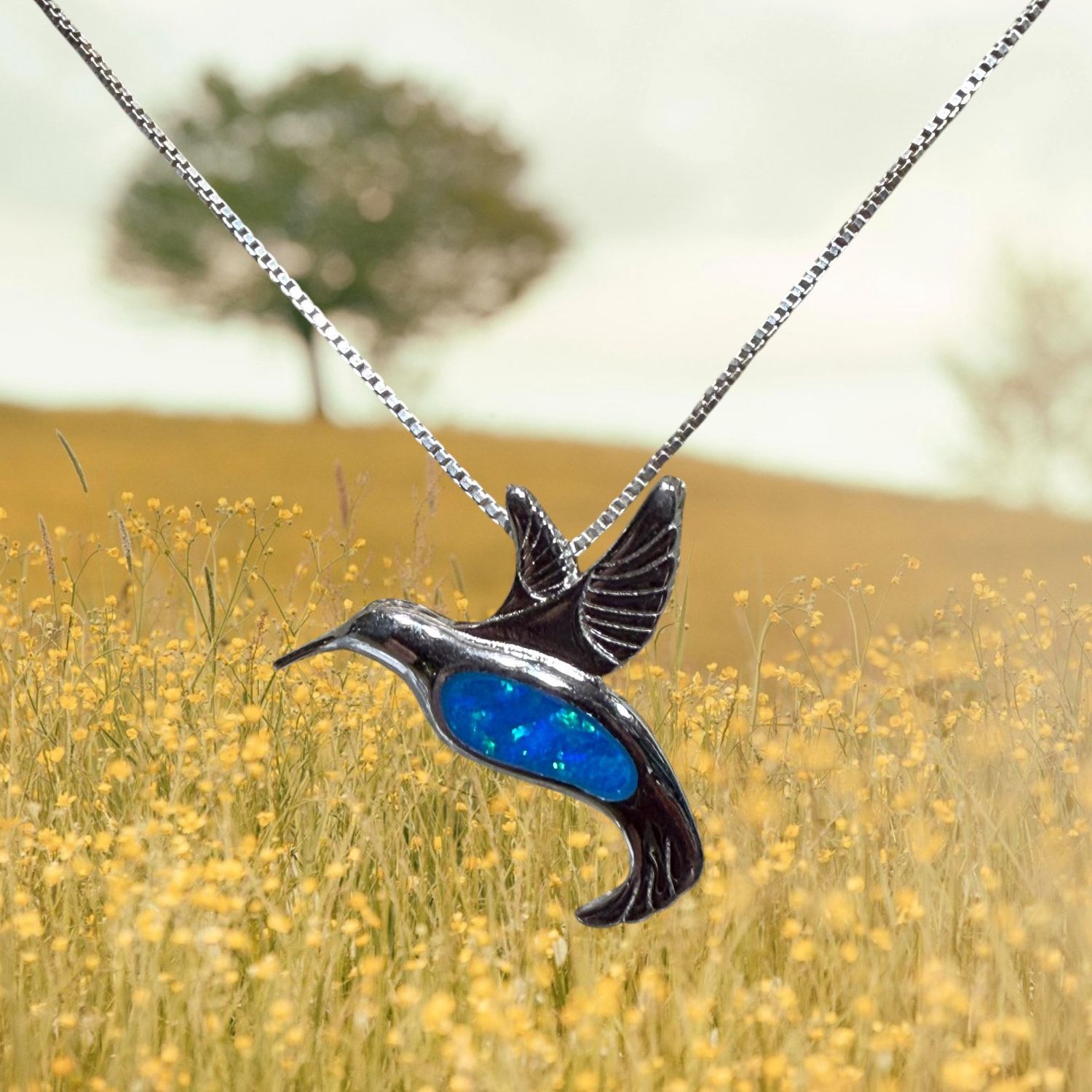 Blue Fire Opal Hummingbird S/S Pendant