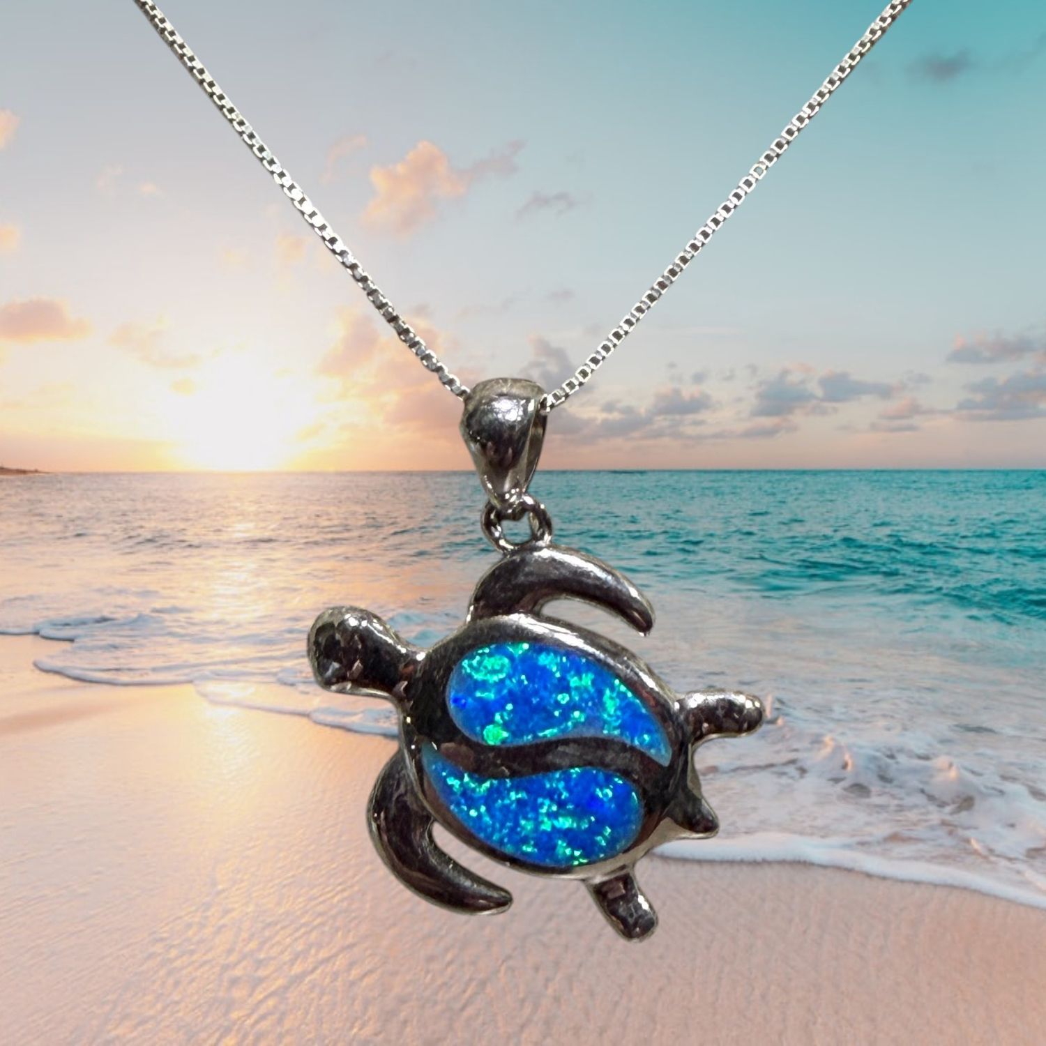 Blue Fire Opal Swirl Turtle S/S Pendant
