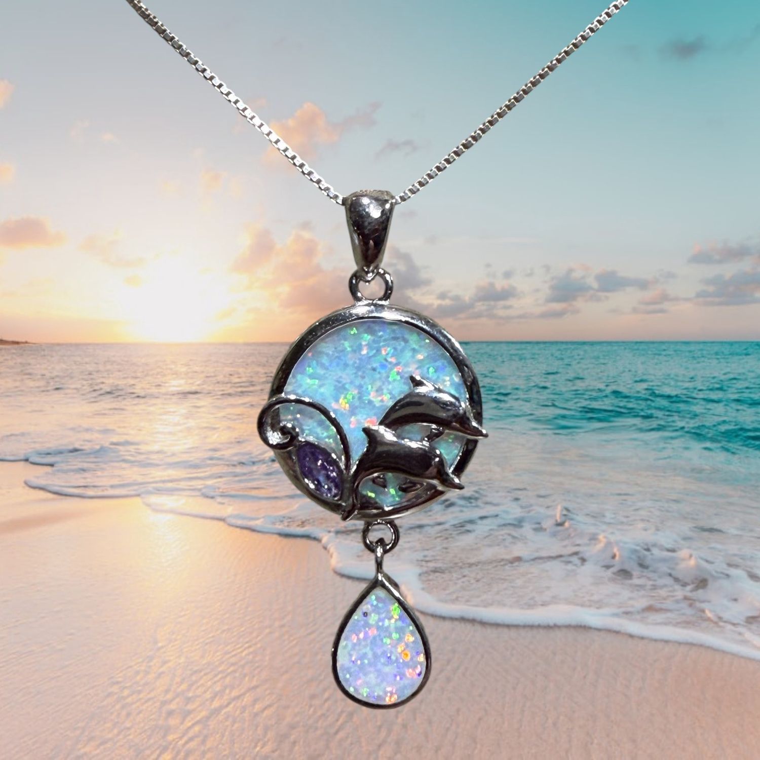 White Fire Opal Dolphin Pair S/S Pendant
