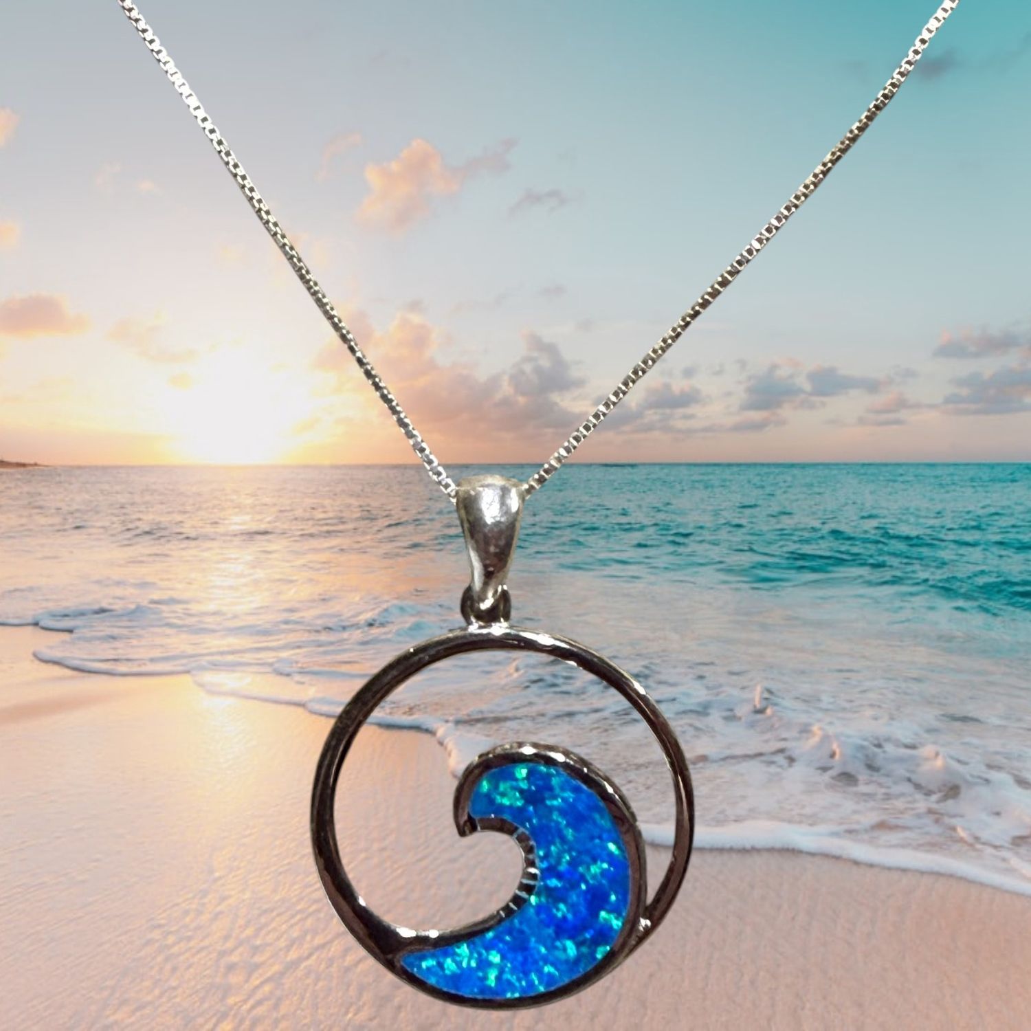 Blue Fire Opal Wave in Circle S/S Pendant