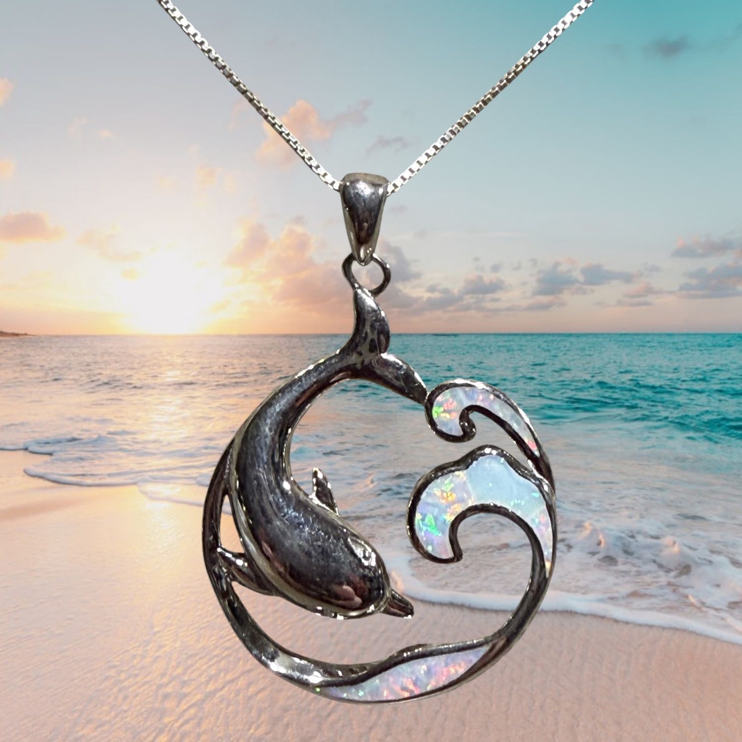White Fire Opal Dolphin in Wave S/S Pendant