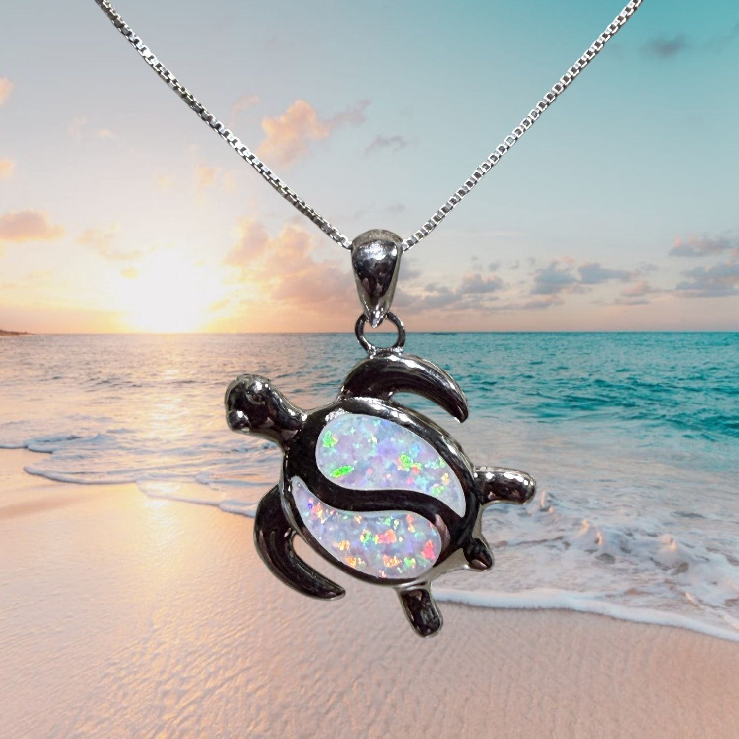 White Fire Opal Swirl Turtle S/S Pendant
