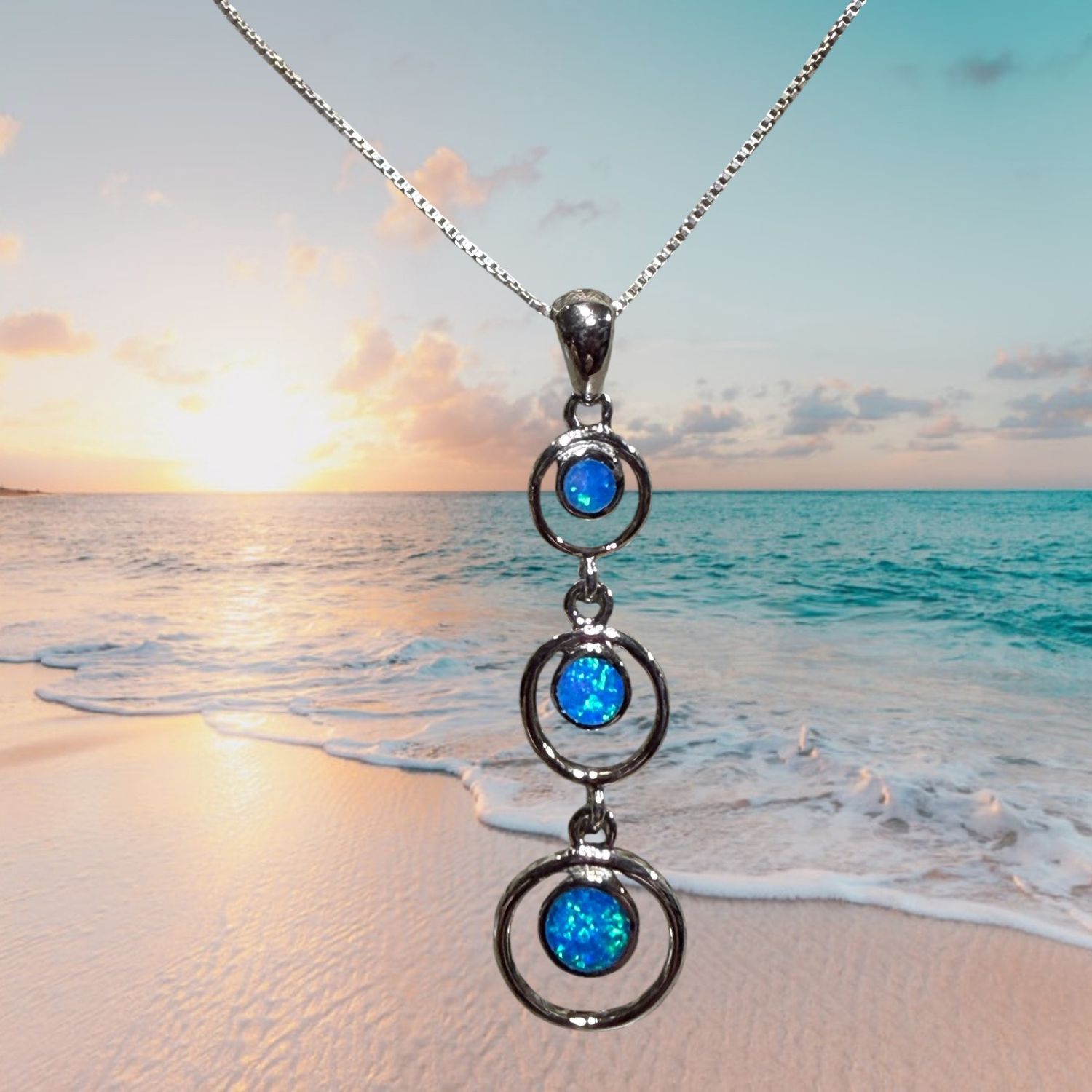 Blue Fire Opal Triple Circle S/S Pendant