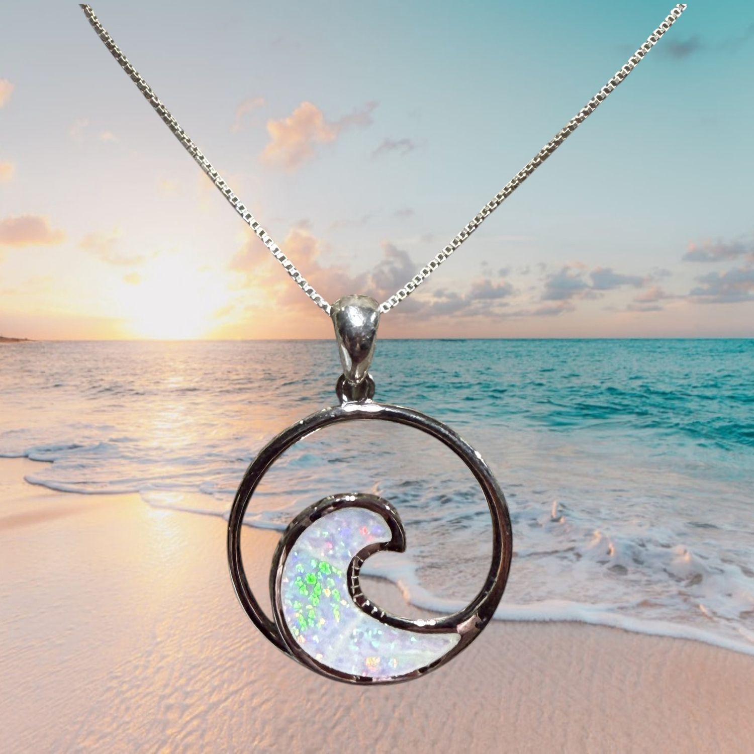 White Fire Opal Wave in Circle S/S Pendant