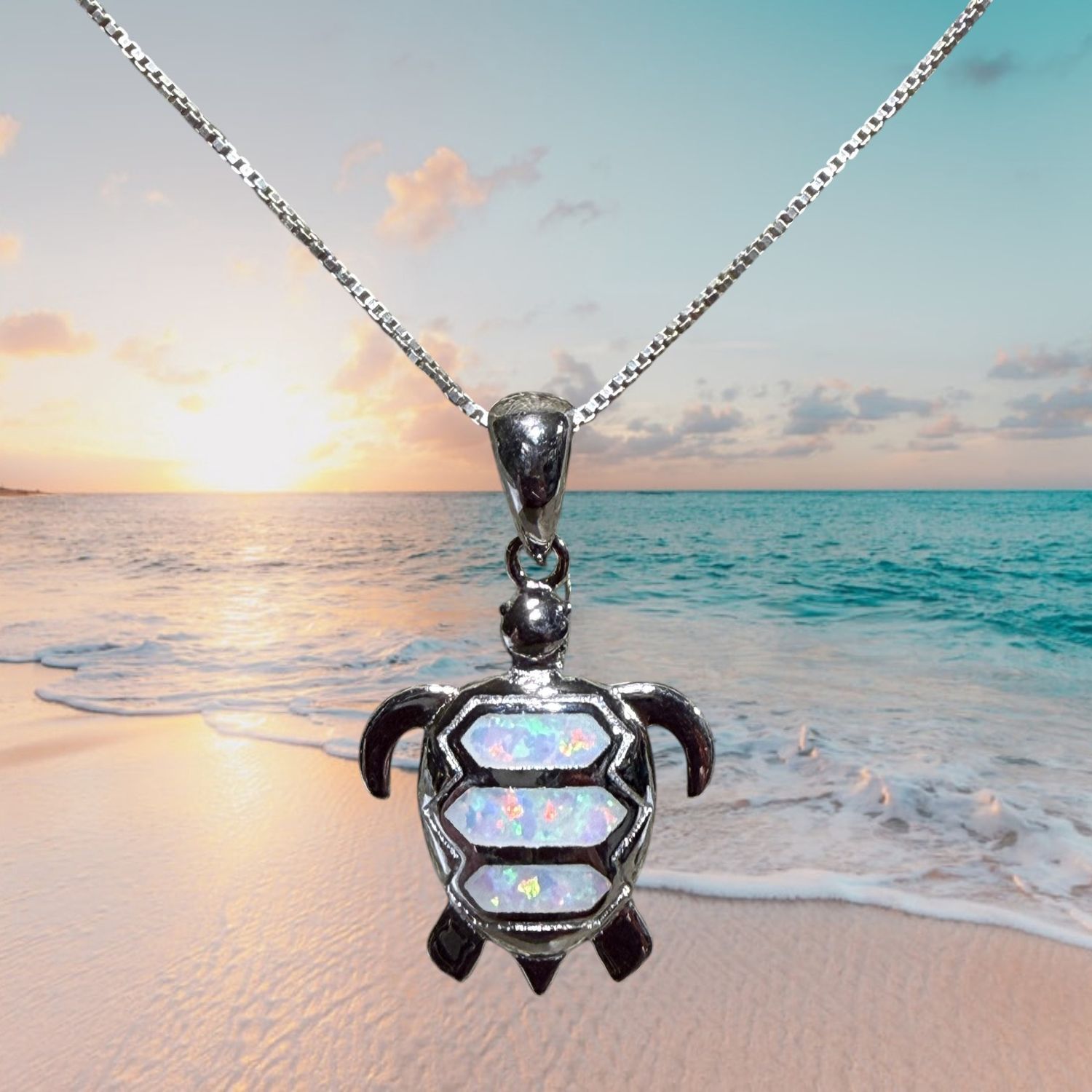 White Fire Opal 3 Tier Turtle S/S Pendant