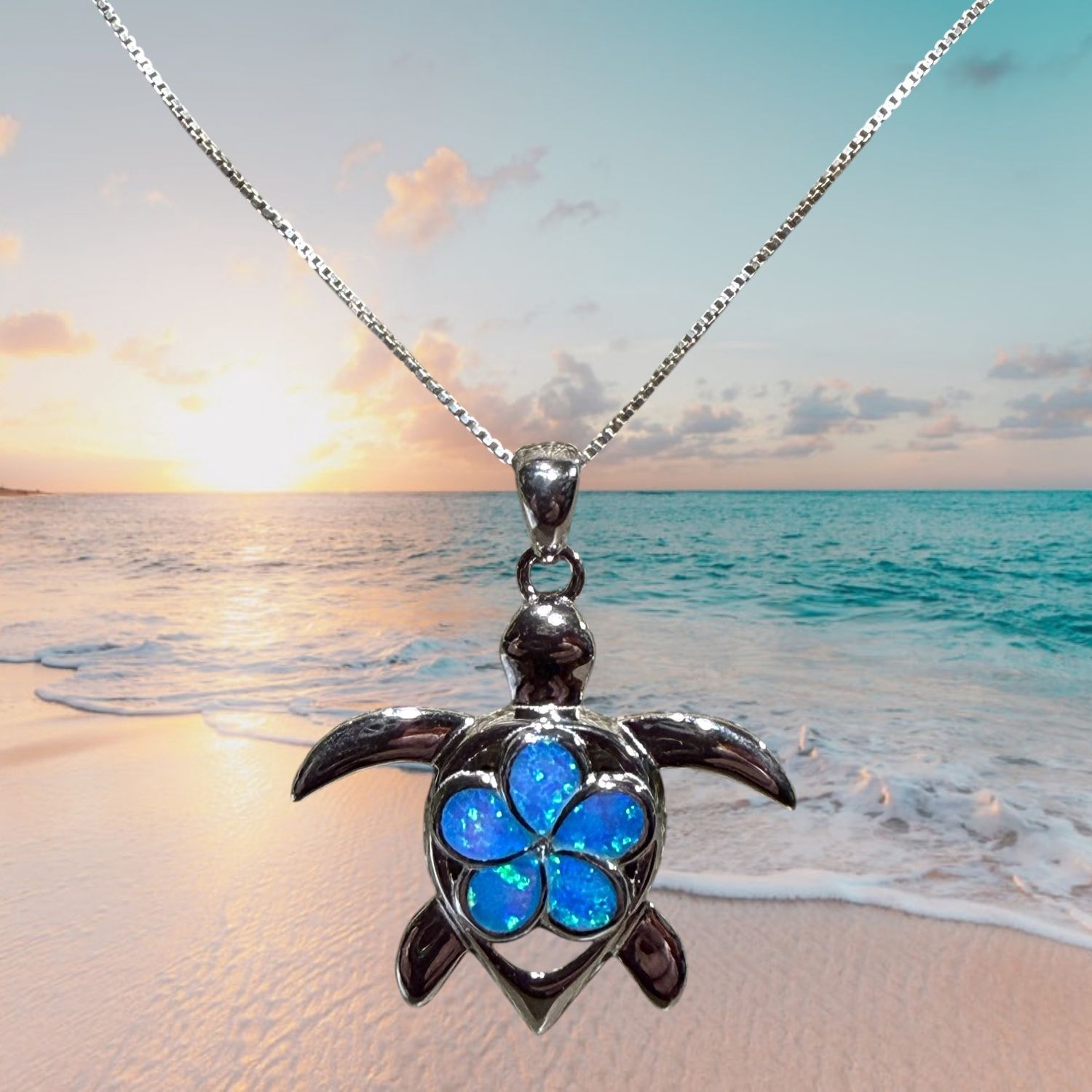 Blue Fire Opal Flower Turtle S/S Pendant
