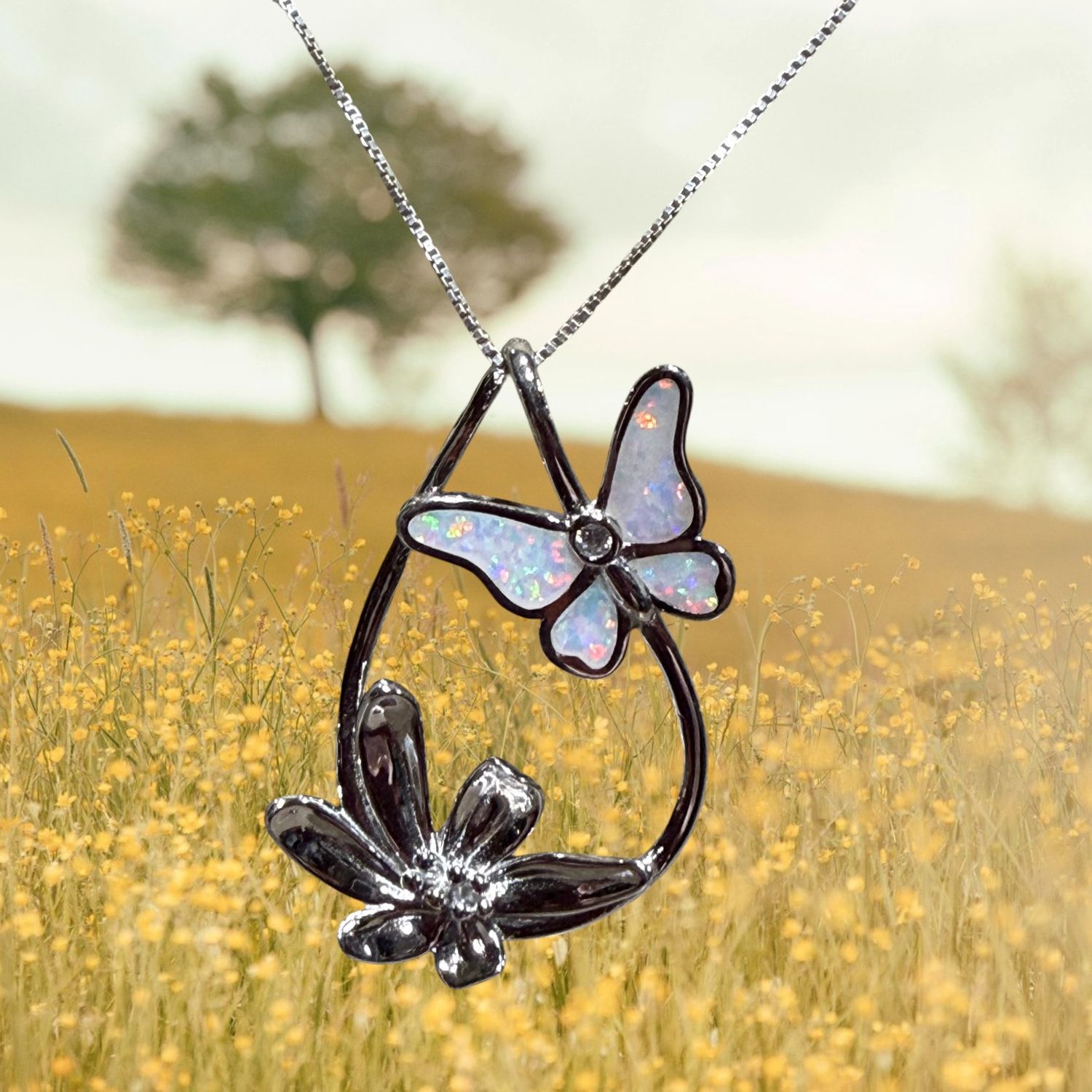 White Fire Opal Butterfly and Flower S/S Pendant