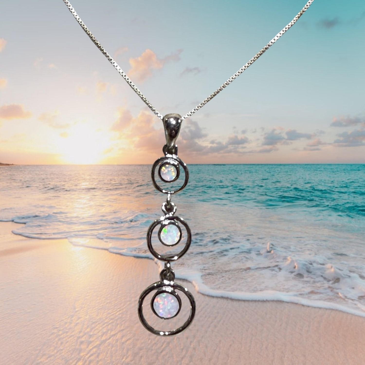 White Fire Opal Triple Circle S/S Pendant