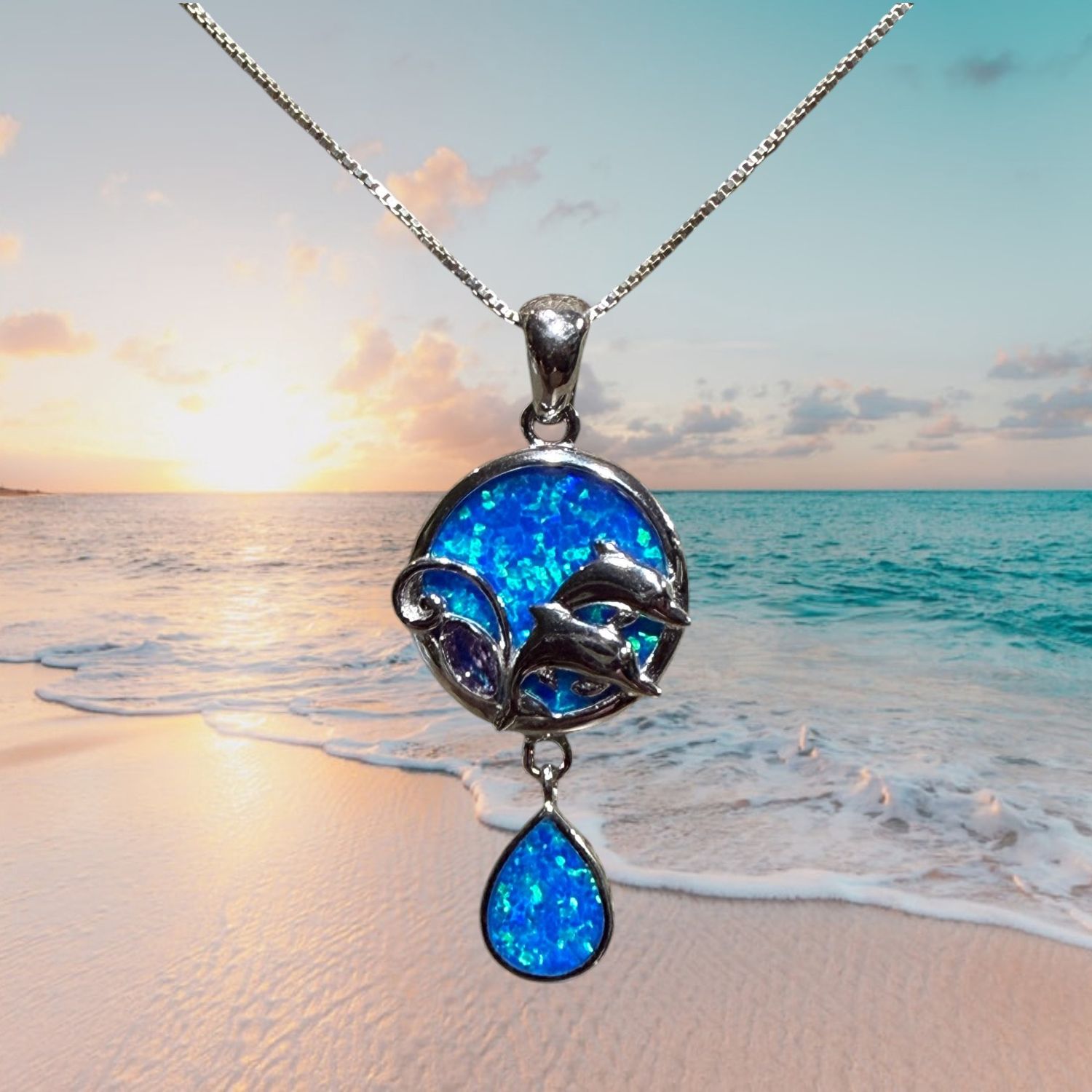 Blue Fire Opal Dolphin Pair S/S Pendant