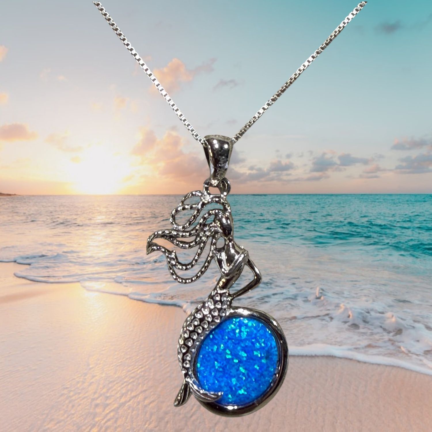 Blue Fire Opal Resting Mermaid S/S Pendant