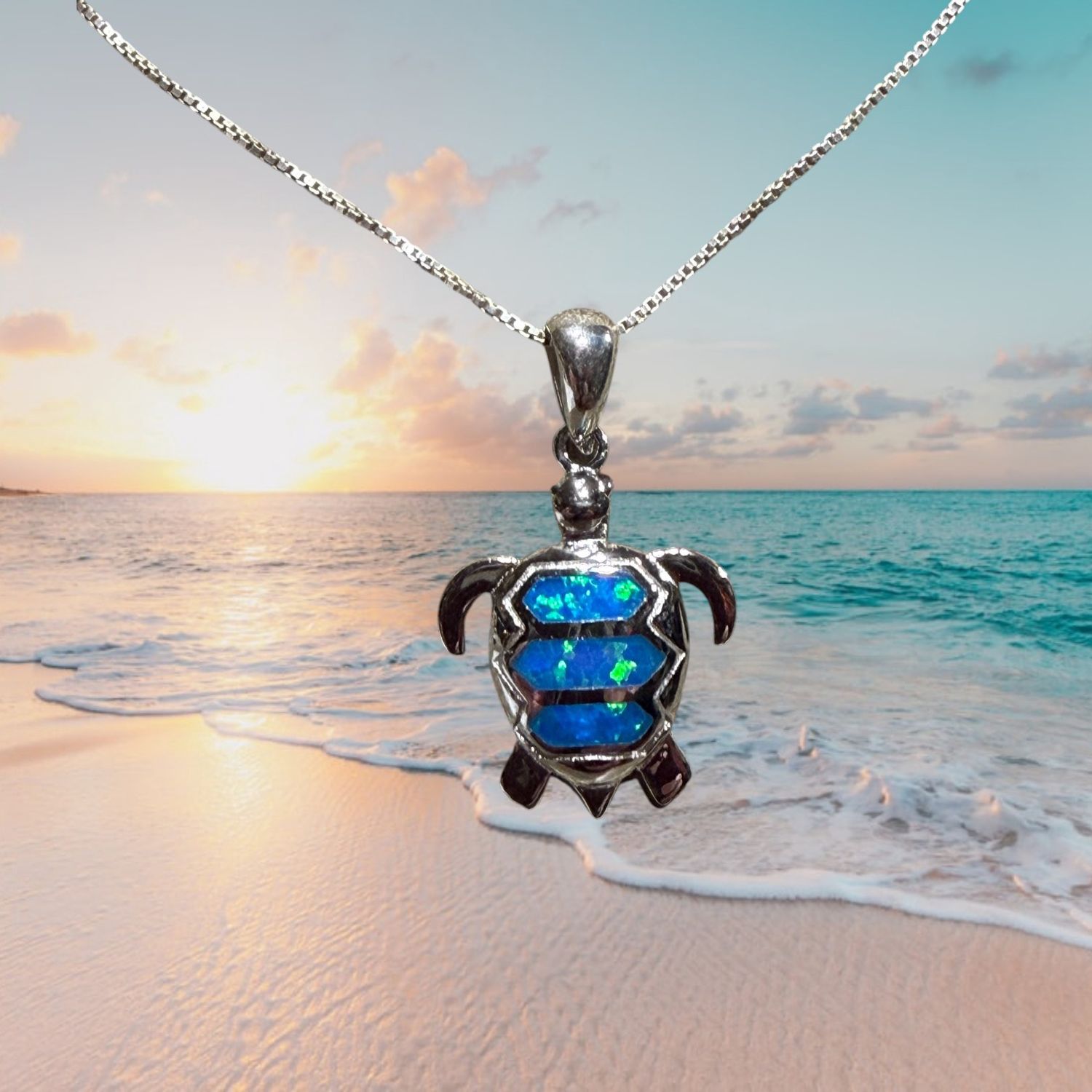 Blue Fire Opal 3 Tier Turtle S/S Pendant