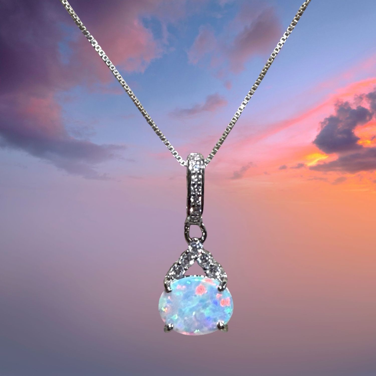 East/West White Fire Opal/CZ S/S Pendant