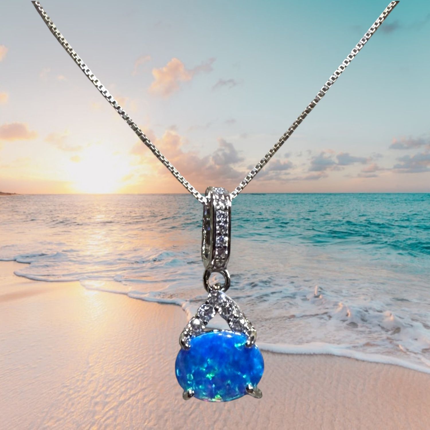 East West Blue Fire Opal/CZ Accents S/S Pendant