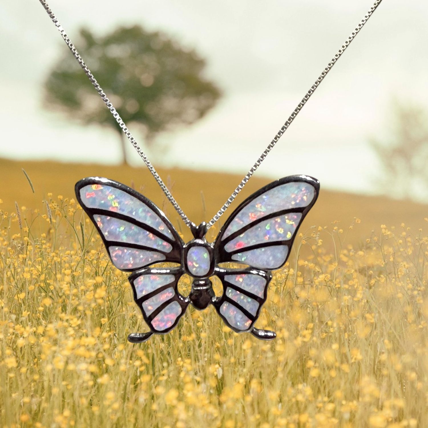 White Fire Opal Striped Butterfly S/S Pendant