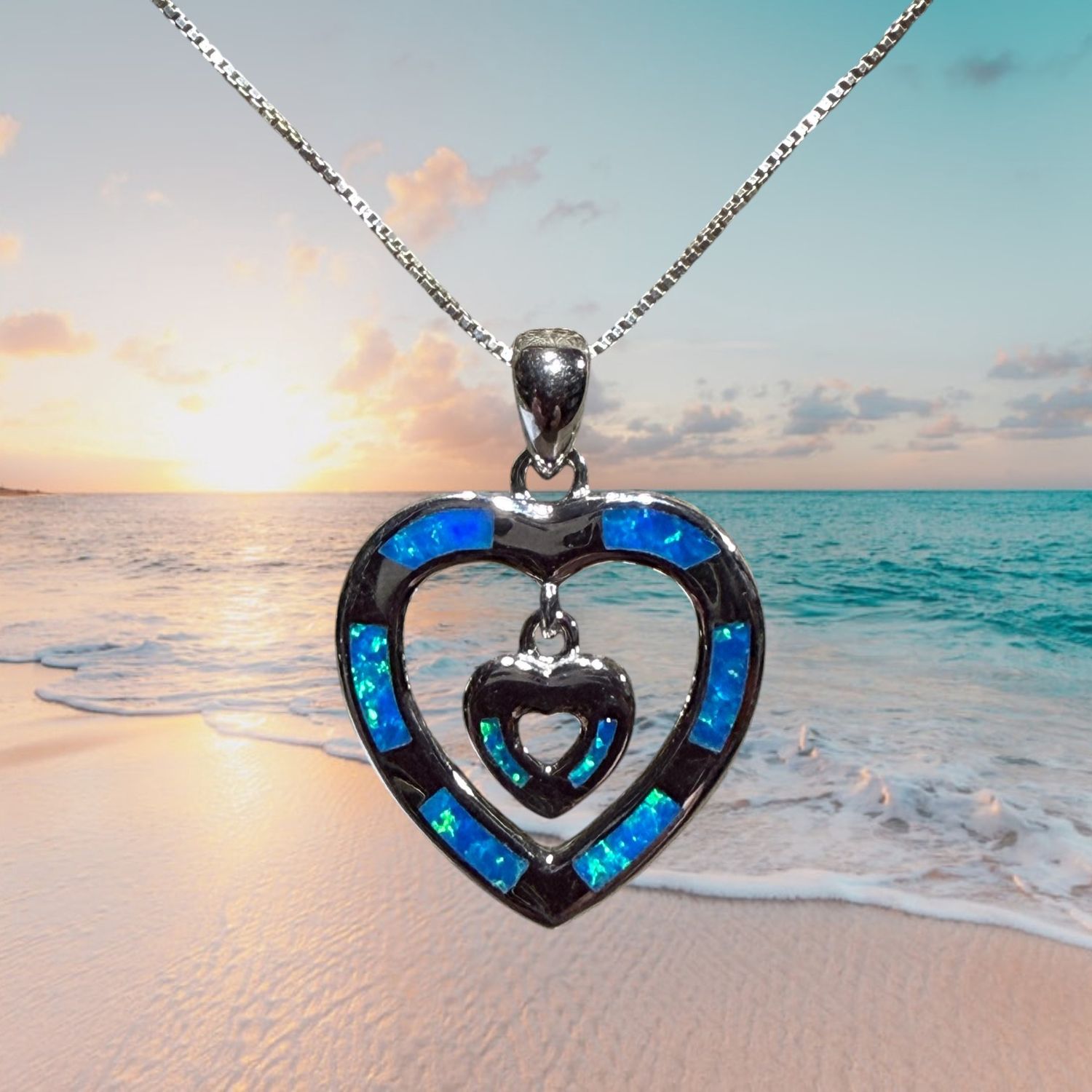 Blue Fire Opal Two Hearts S/S Pendant