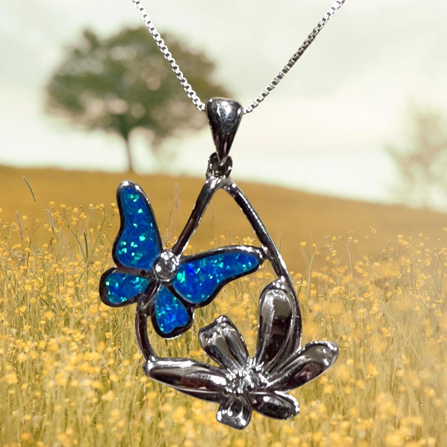 Blue Fire Opal Butterfly/Flower S/S Pendant