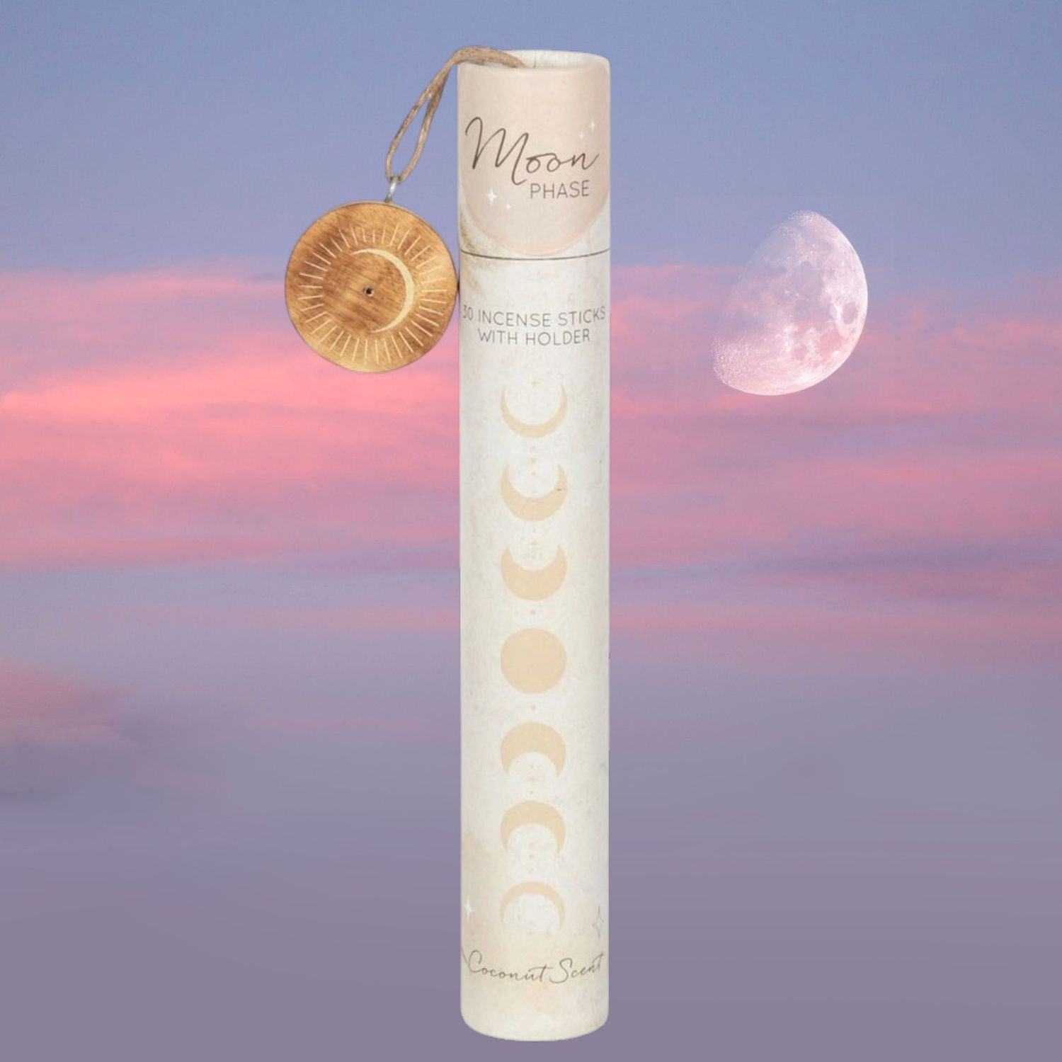 Coconut Moon Phase 30 Incense Sticks with Holder
