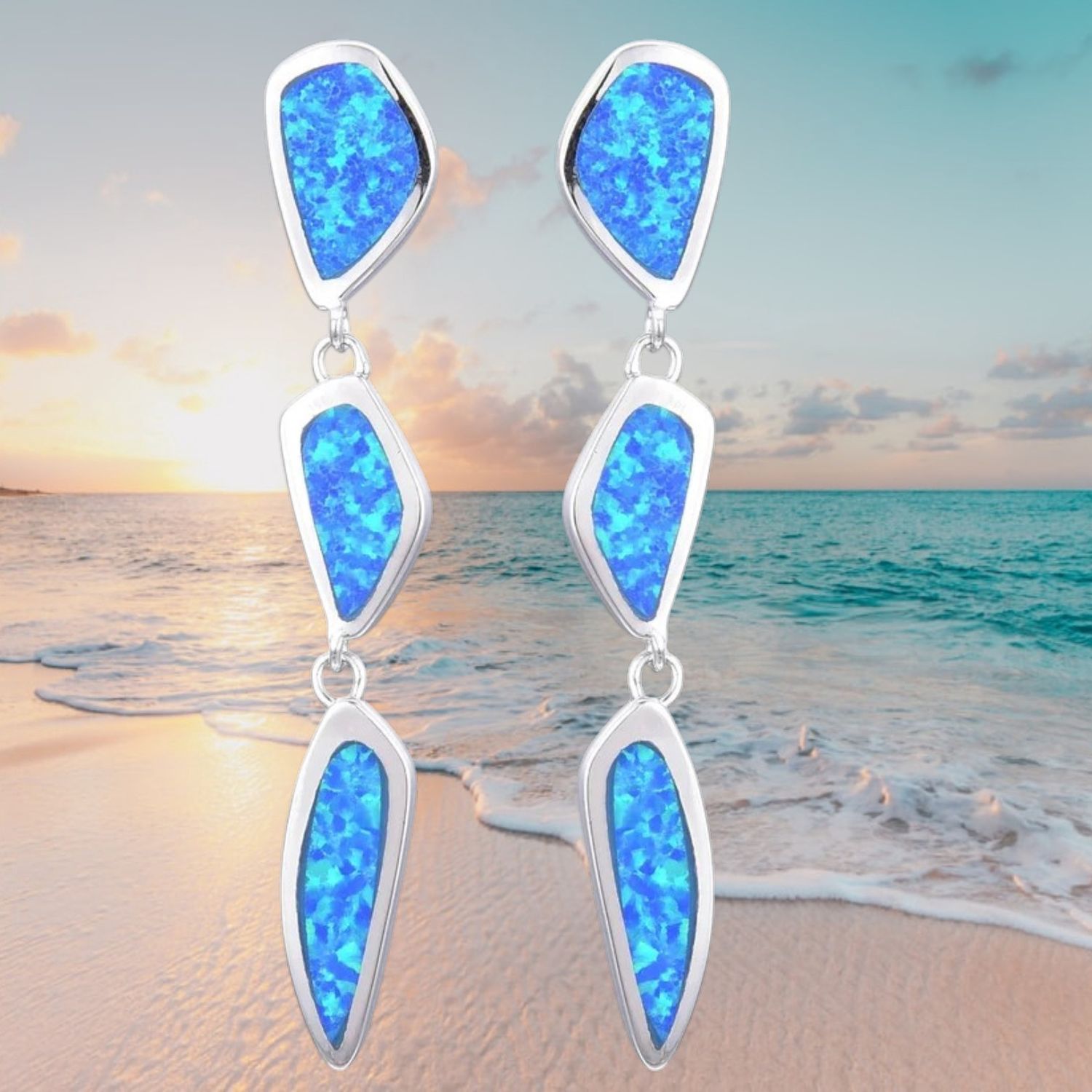 S/S Blue Fire Opal 3 Stone Post Earrings