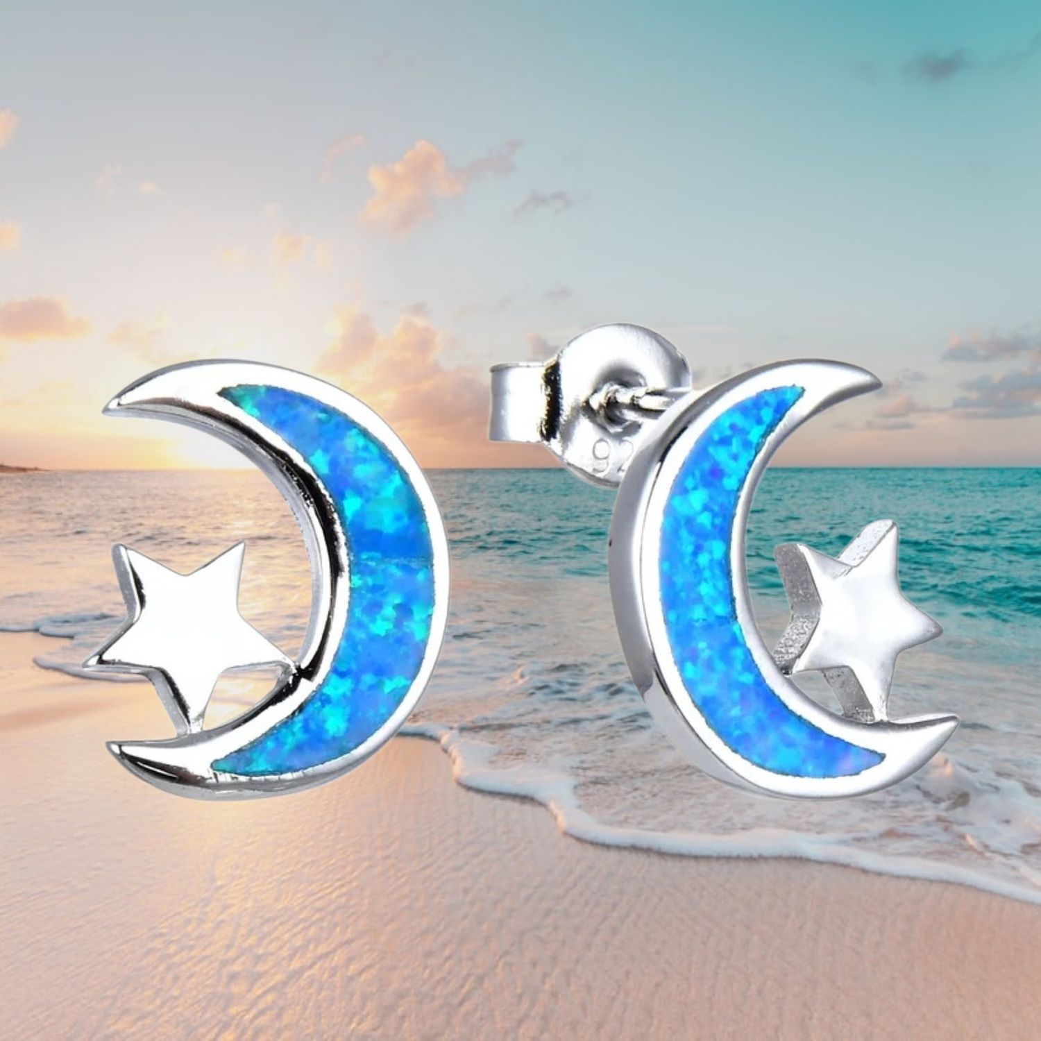 S/S Blue Fire Opal Moon/Star Post Earrings