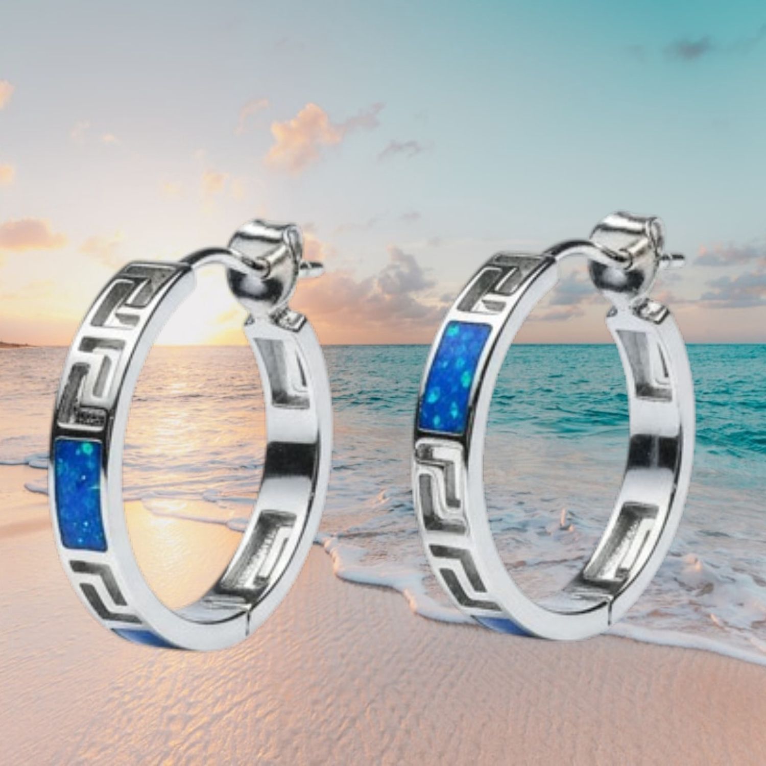 S/S Blue Fire Opal Greek Key Hoop Earrings