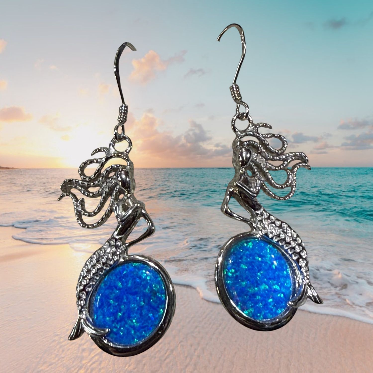 Sterling Blue Fire Opal Mermaid Earrings