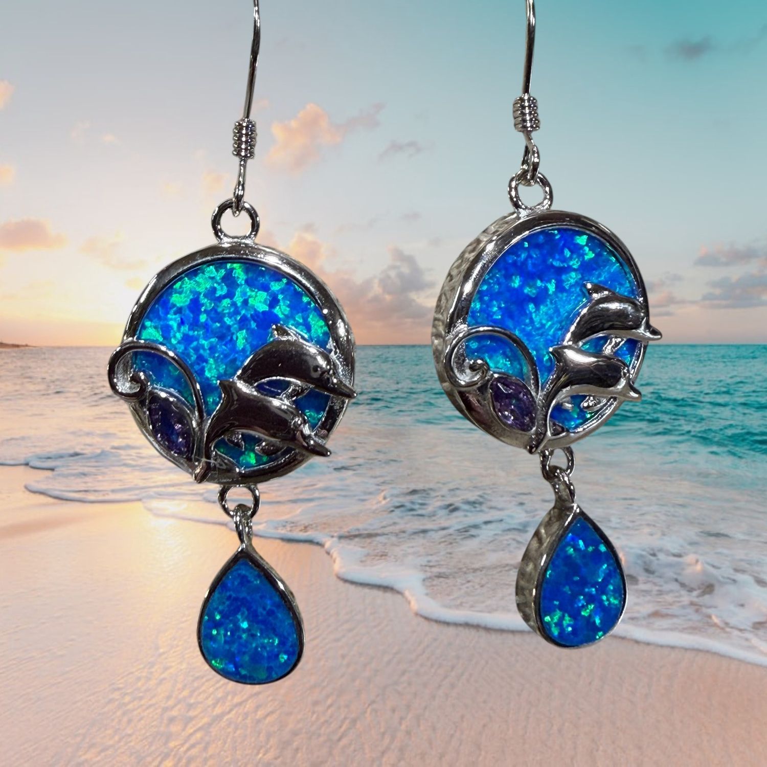 S/S Blue Fire Opal Dolphin Earrings