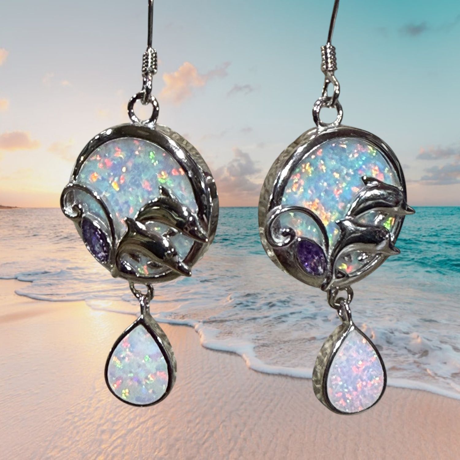 S/S White Fire Opal Dolphin Earrings