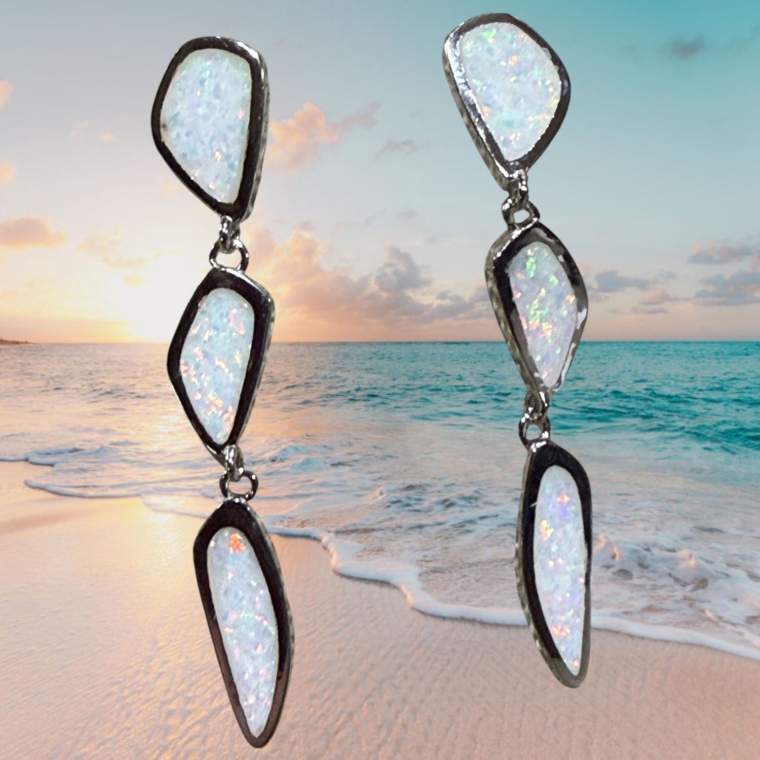 White Fire Opal 3 Stone S/S Dangle Post Earrings