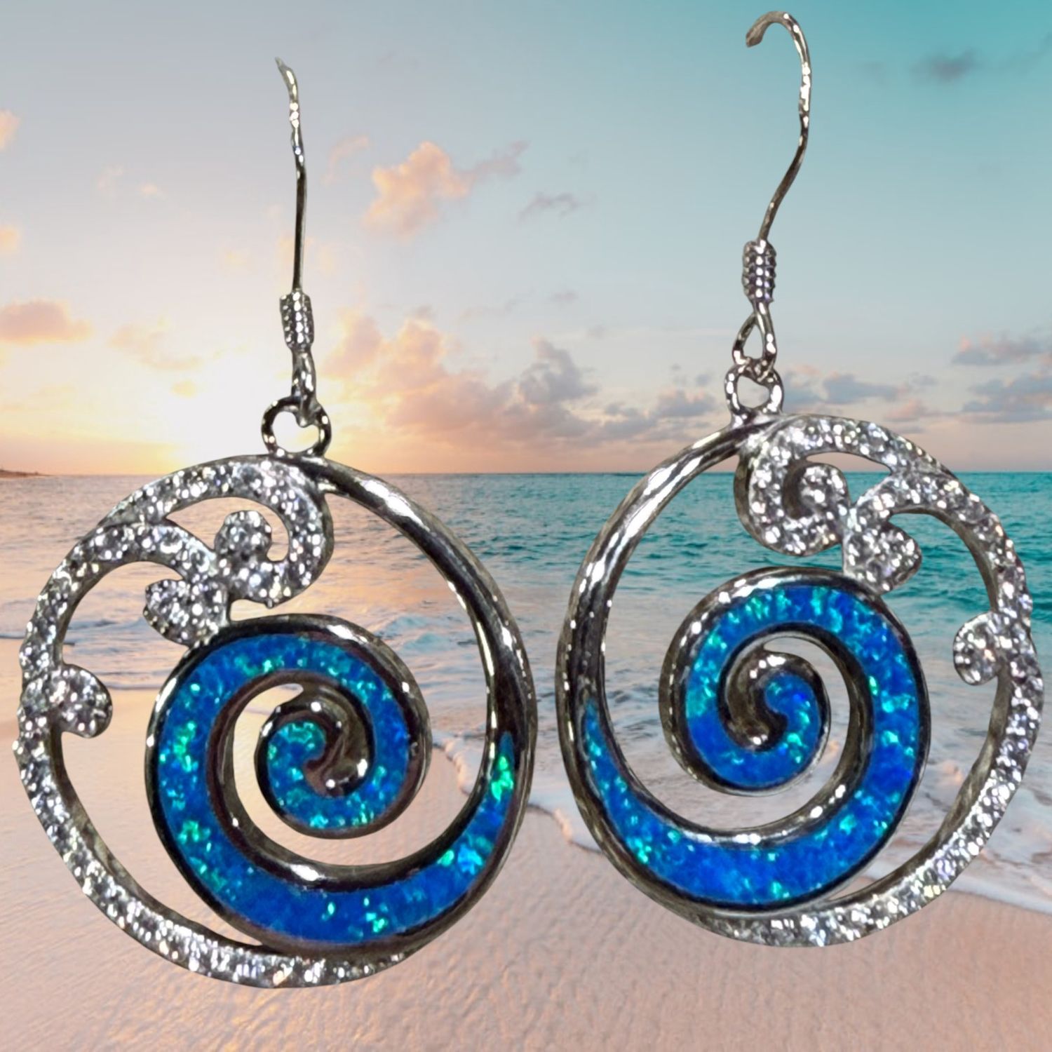 S/S Blue Fire Opal/CZ Wave Earrings