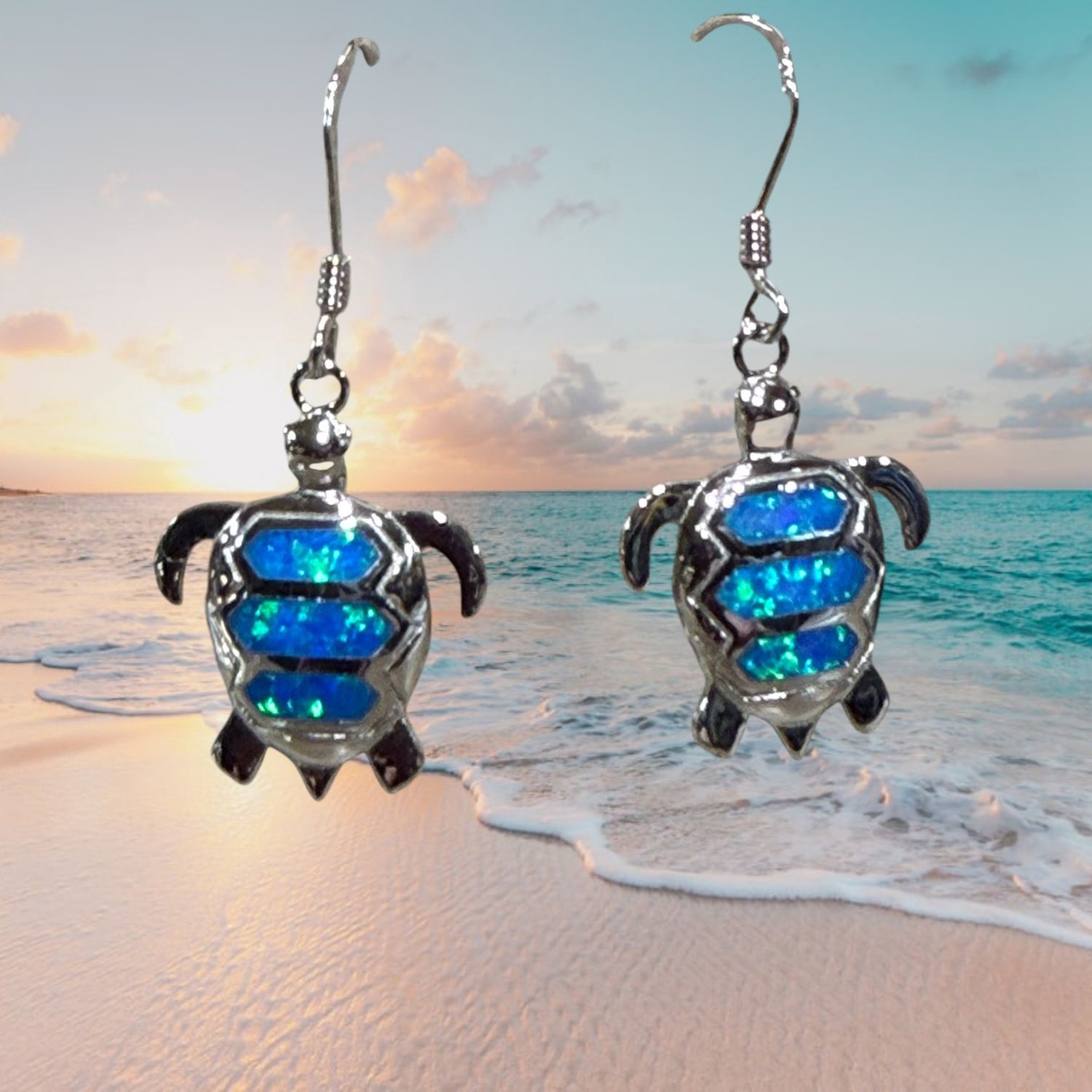 S/S Blue Fire Opal Turtle Earrings