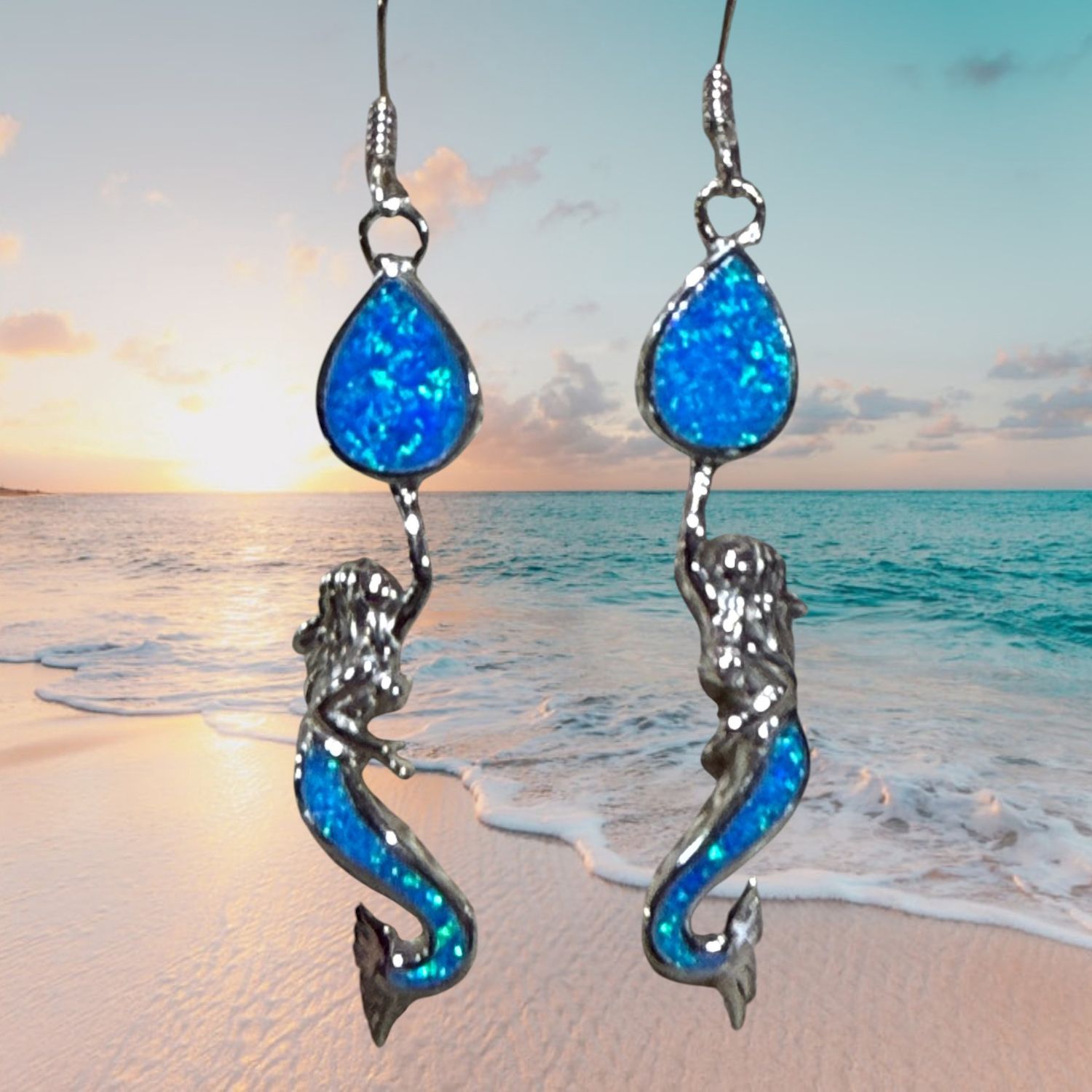 S/S Blue Fire Opal Dangling Mermaid Earrings