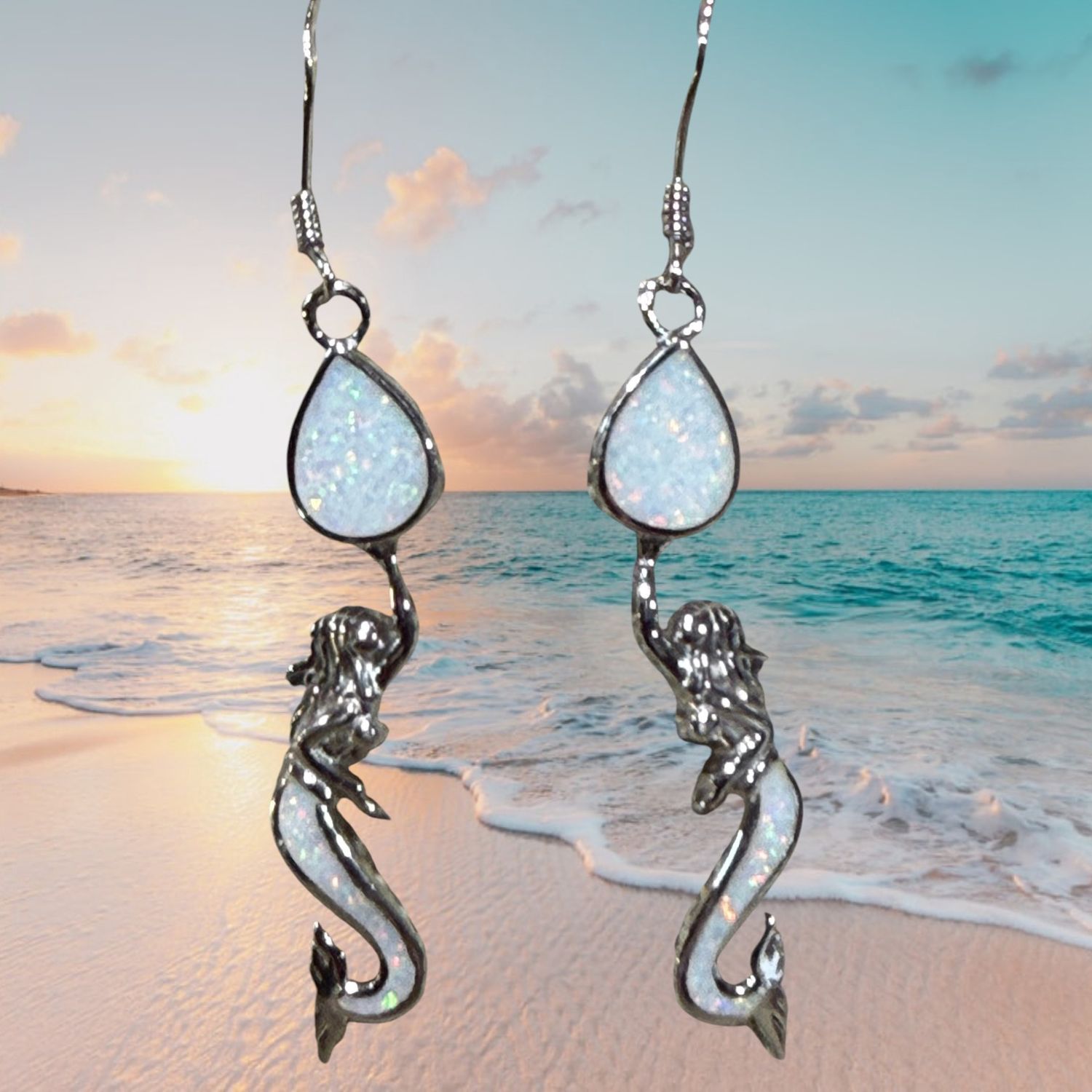S/S White Fire Opal Dangling Mermaid Earrings