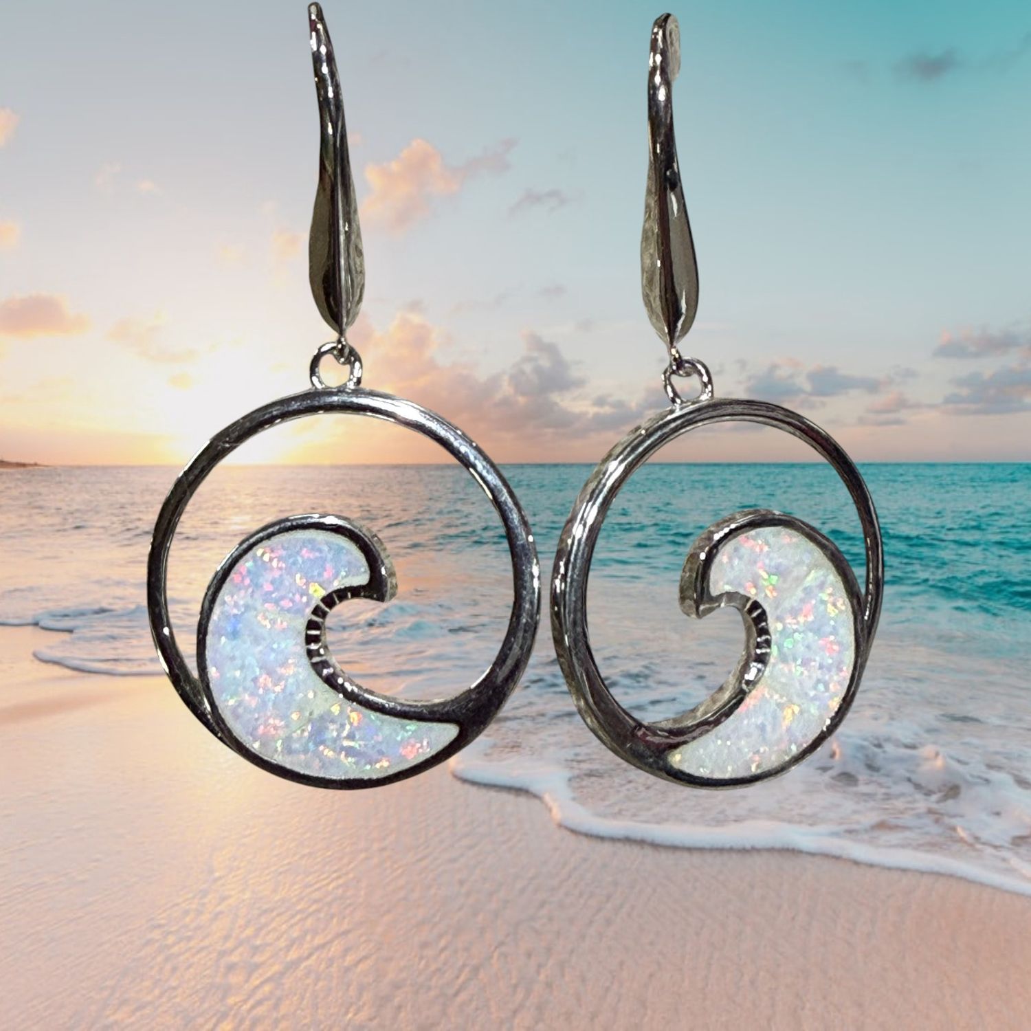 S/S White Fire Opal Wave Earrings