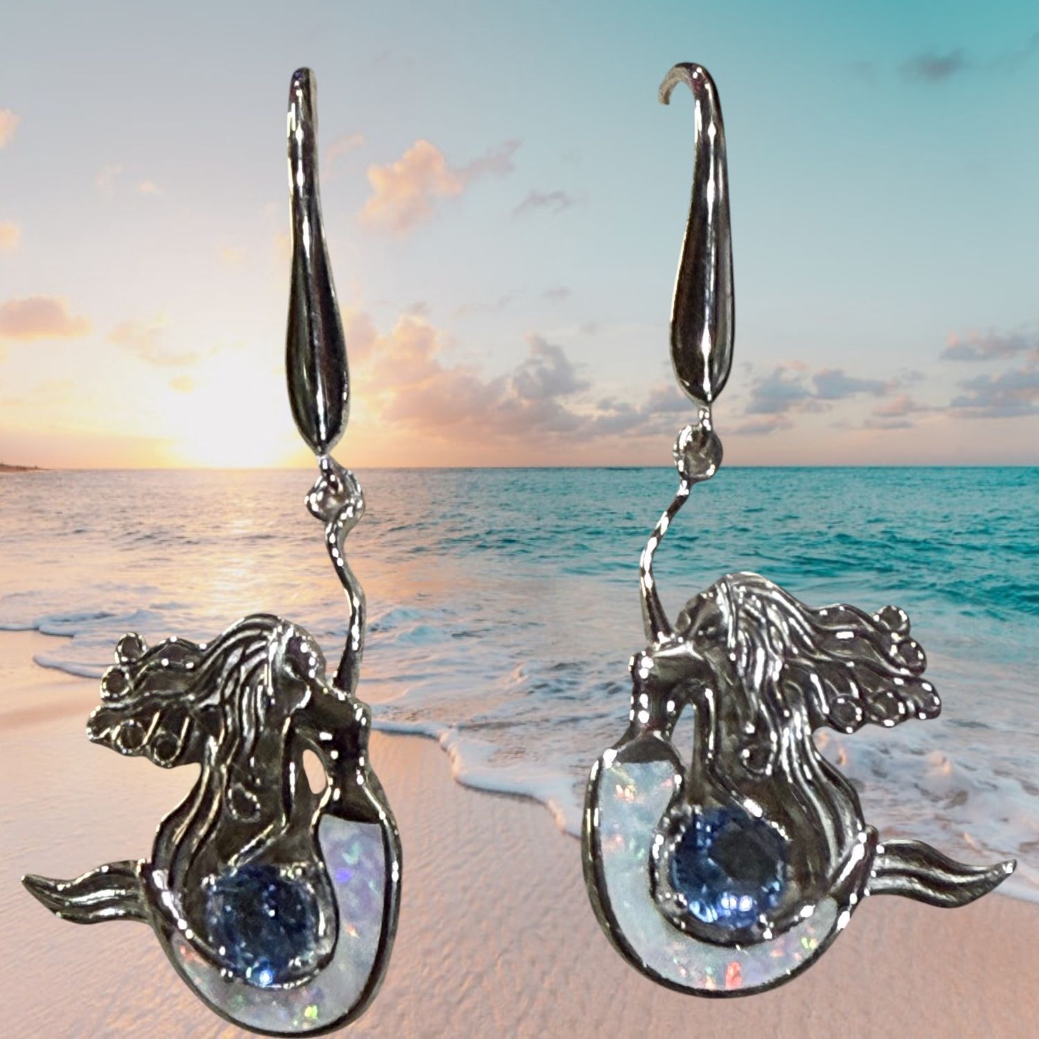 S/S White Fire Opal/CZ Mermaid Earrings