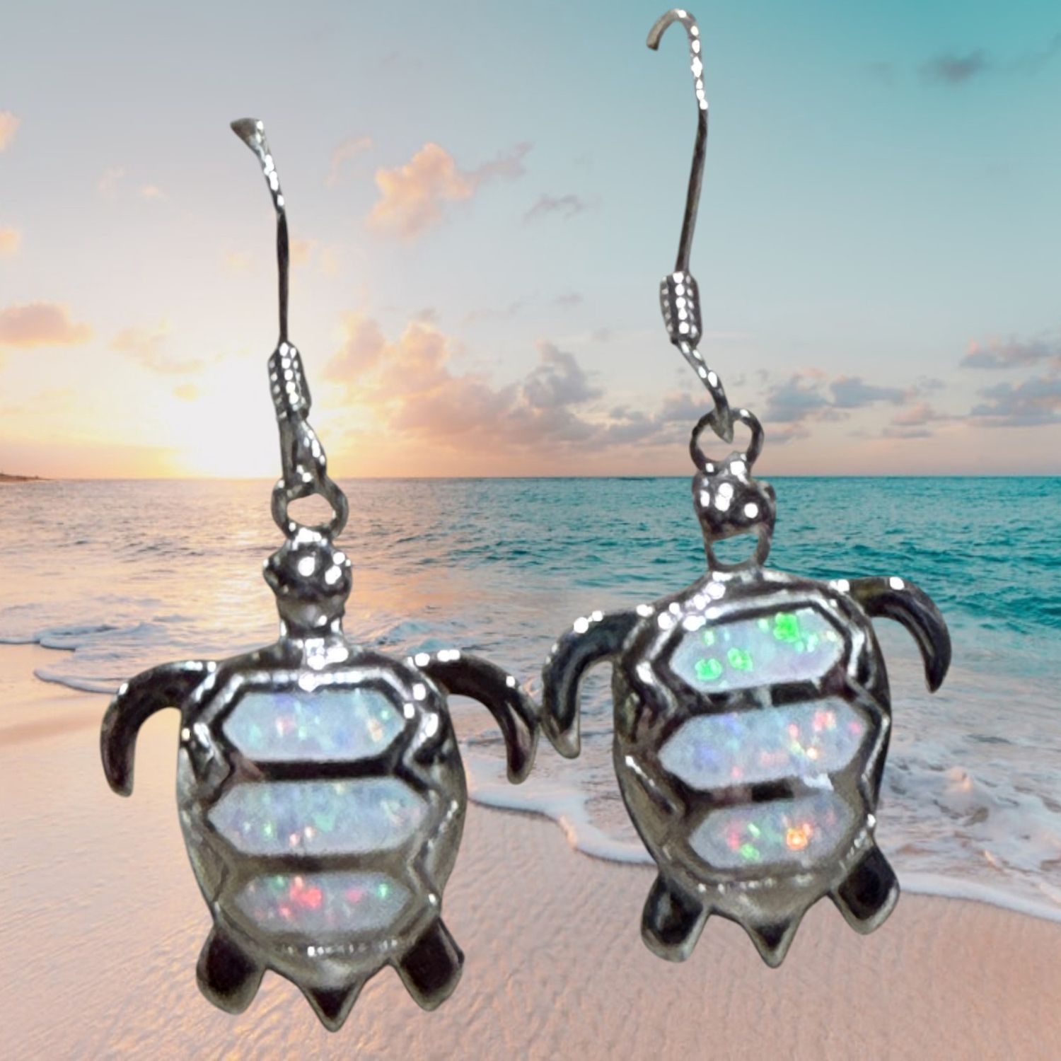 S/S White Fire Opal Turtle Earrings