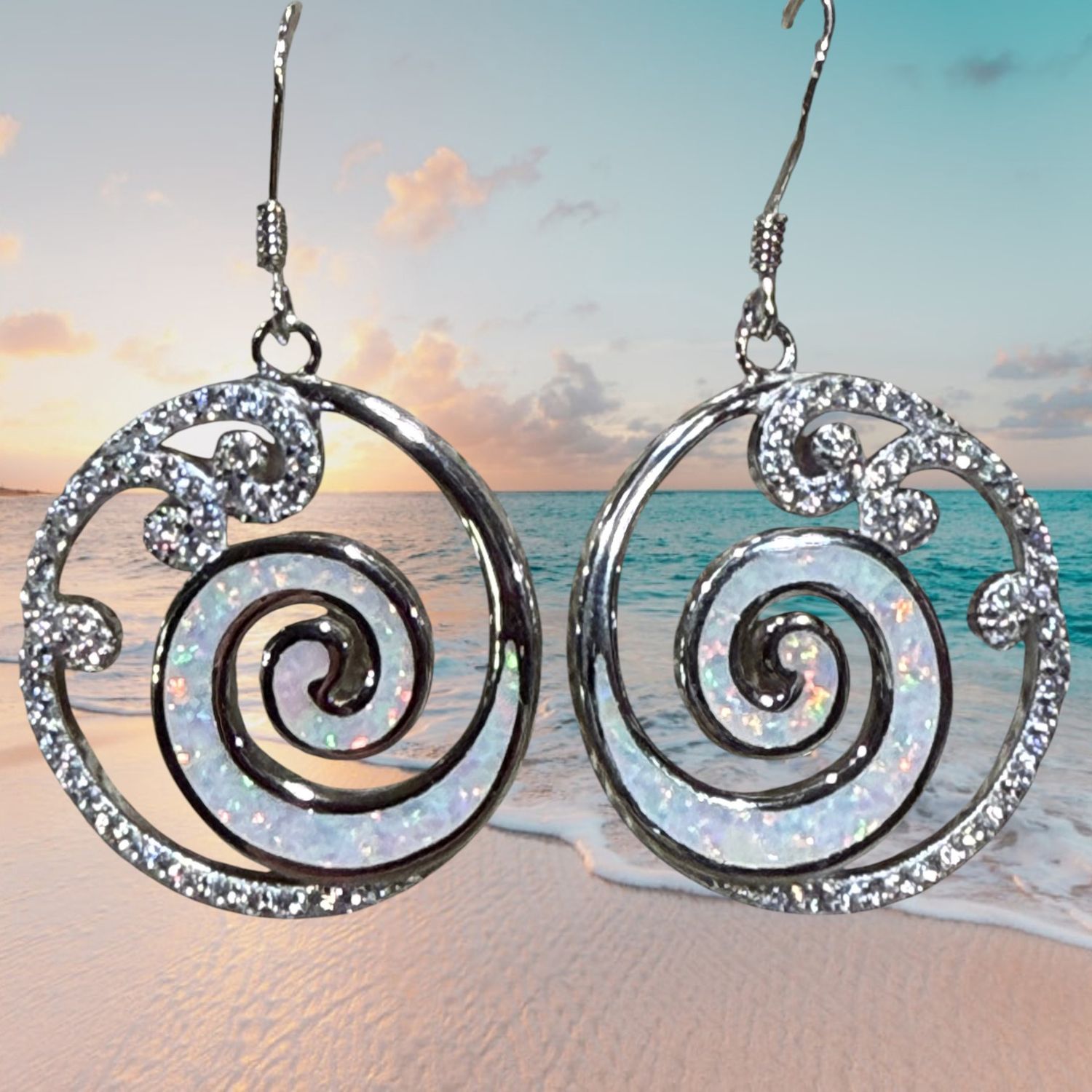 S/S White Fire Opal and CZ Wave Earrings