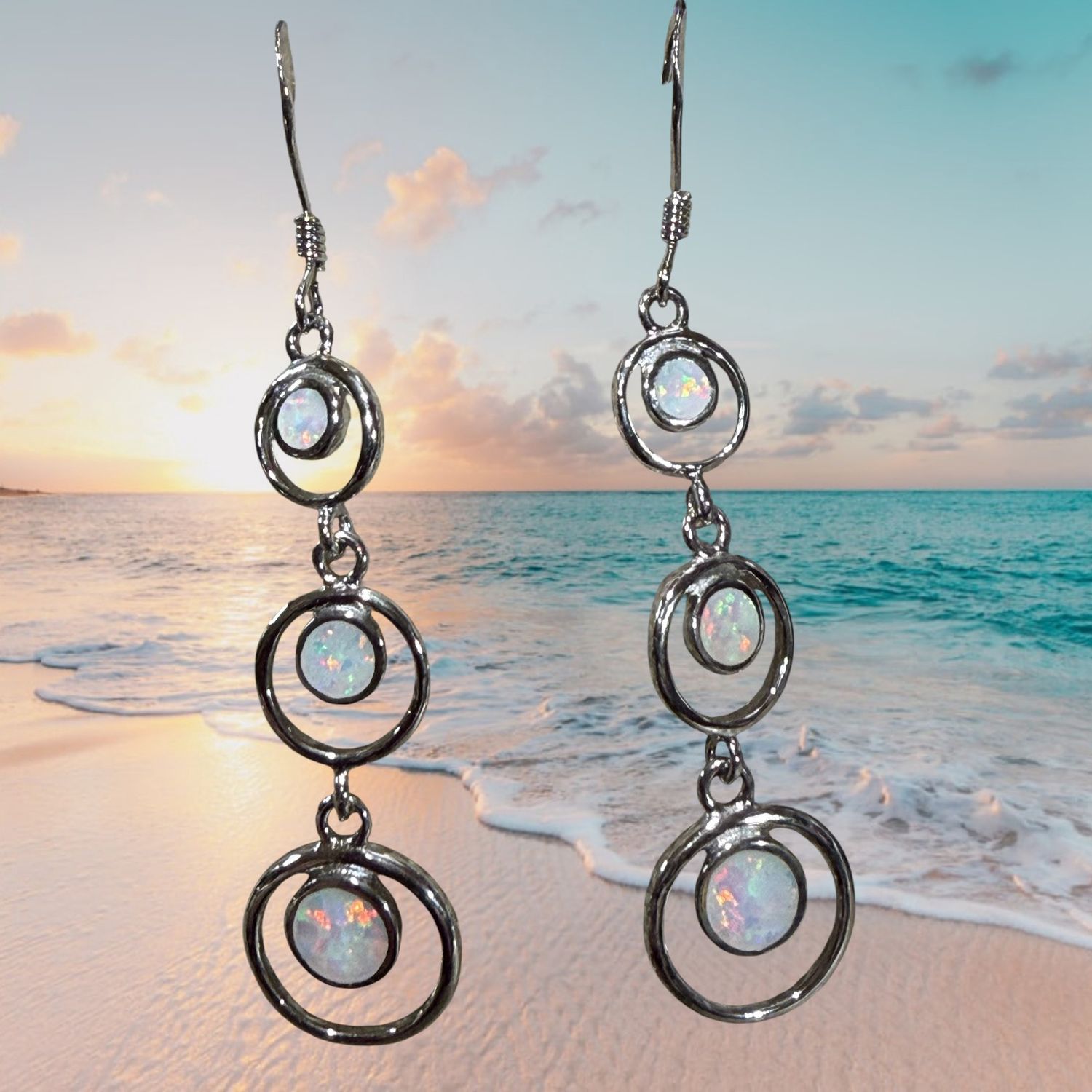 S/S White Fire Opal Triple Circle Earrings