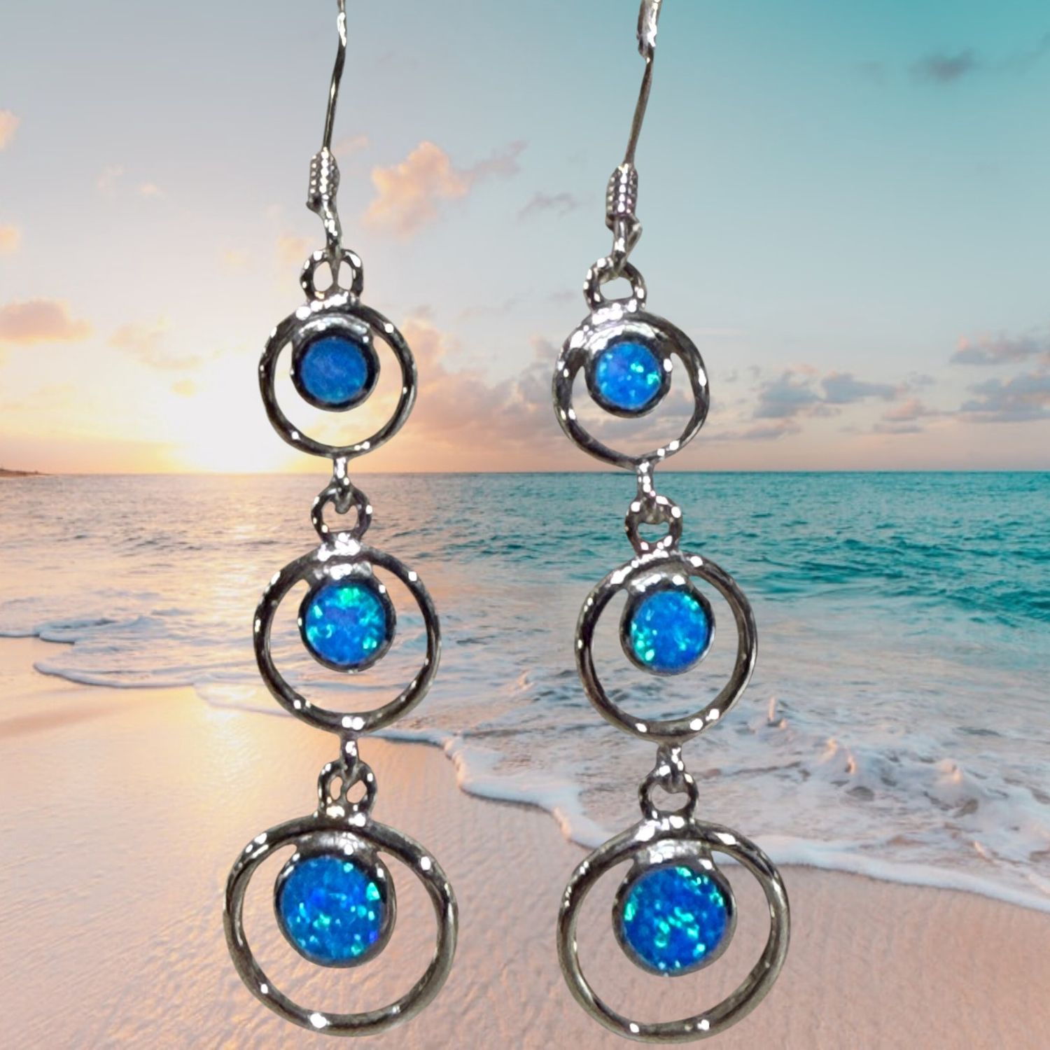 S/S Blue Fire Opal Triple Circle Earrings