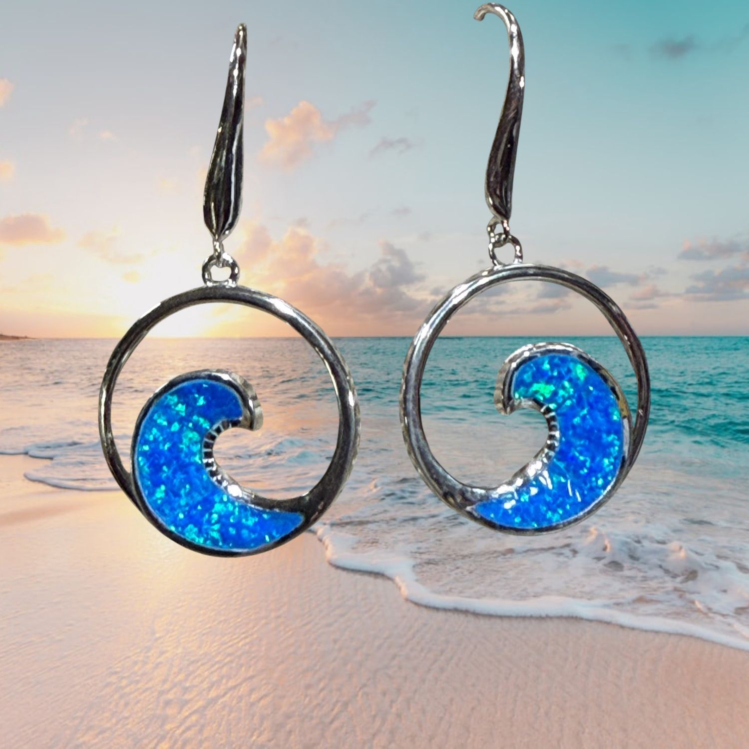 S/S Blue Fire Opal Wave Earrings