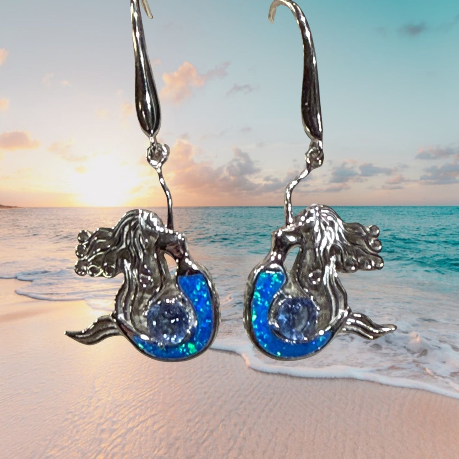 Fire Opal/Blue CZ Mermaid Earrings