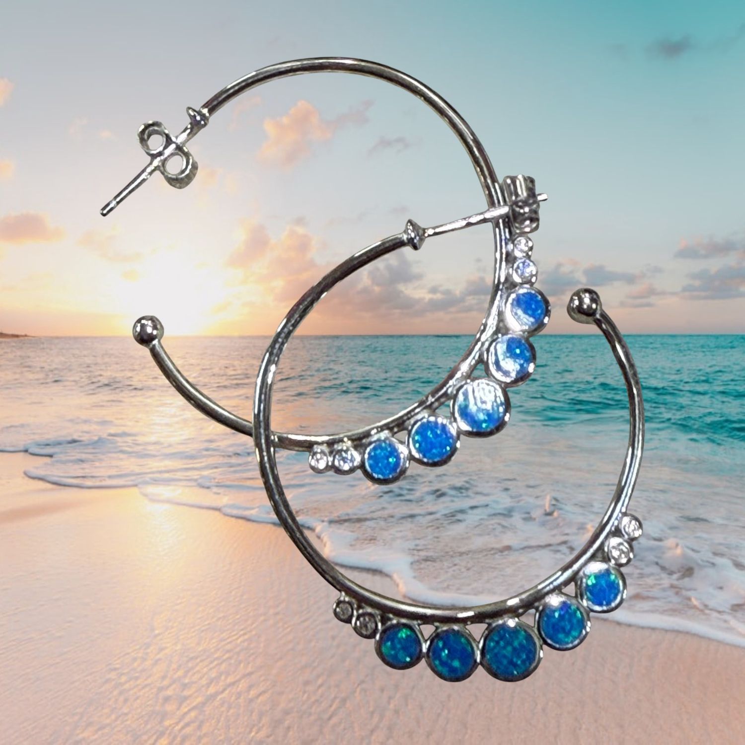 S/S Blue Fire Opal Graduated Circles Hoop Earrings