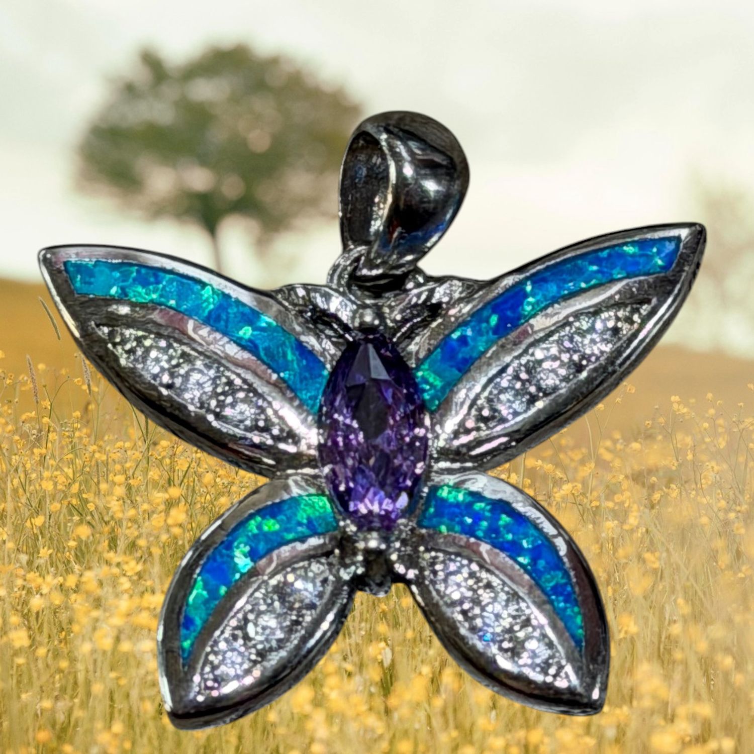 Blue Fire Opal/CZ Butterfly S/S Pendant