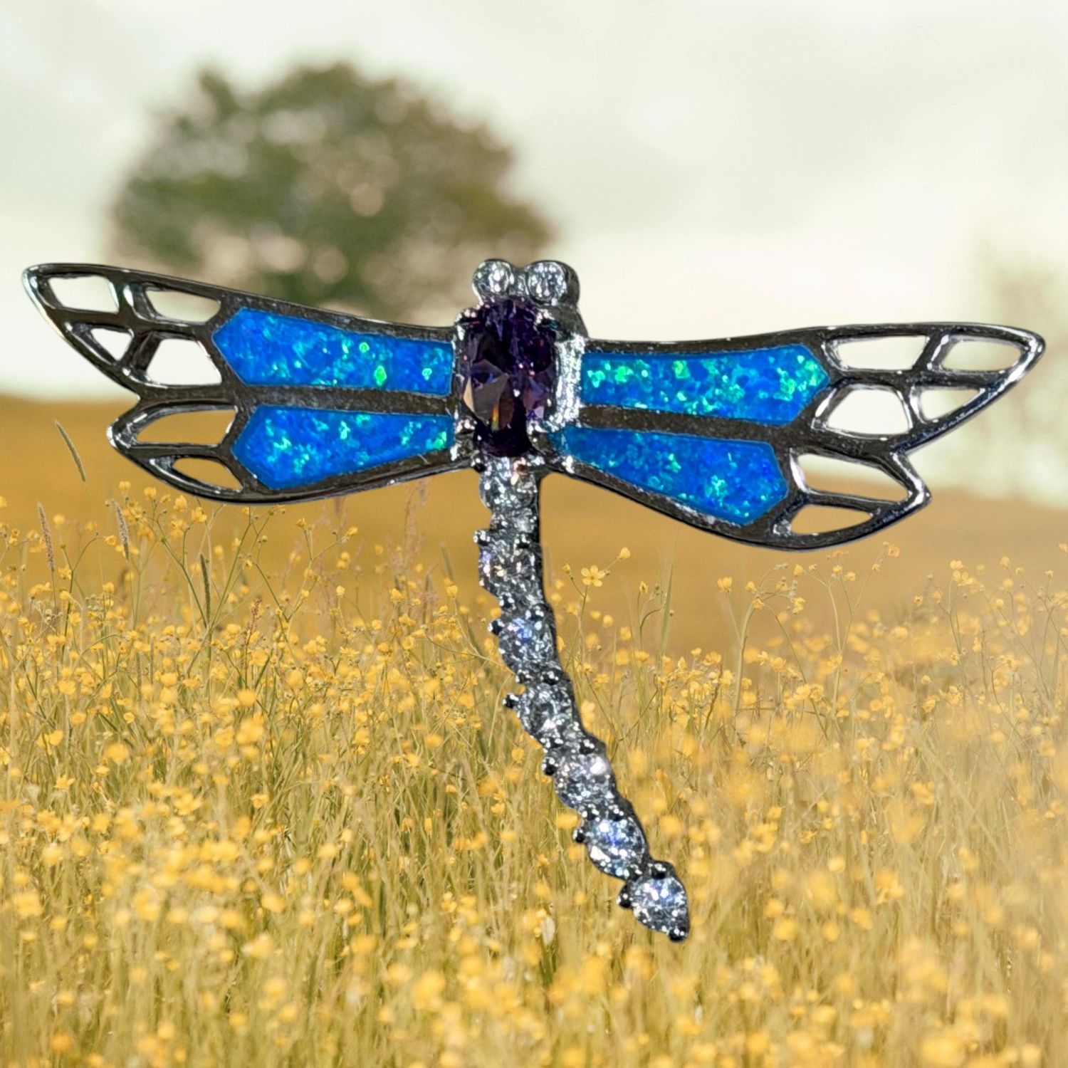 Fire Opal/CZ  Dragonfly S/S Pendant