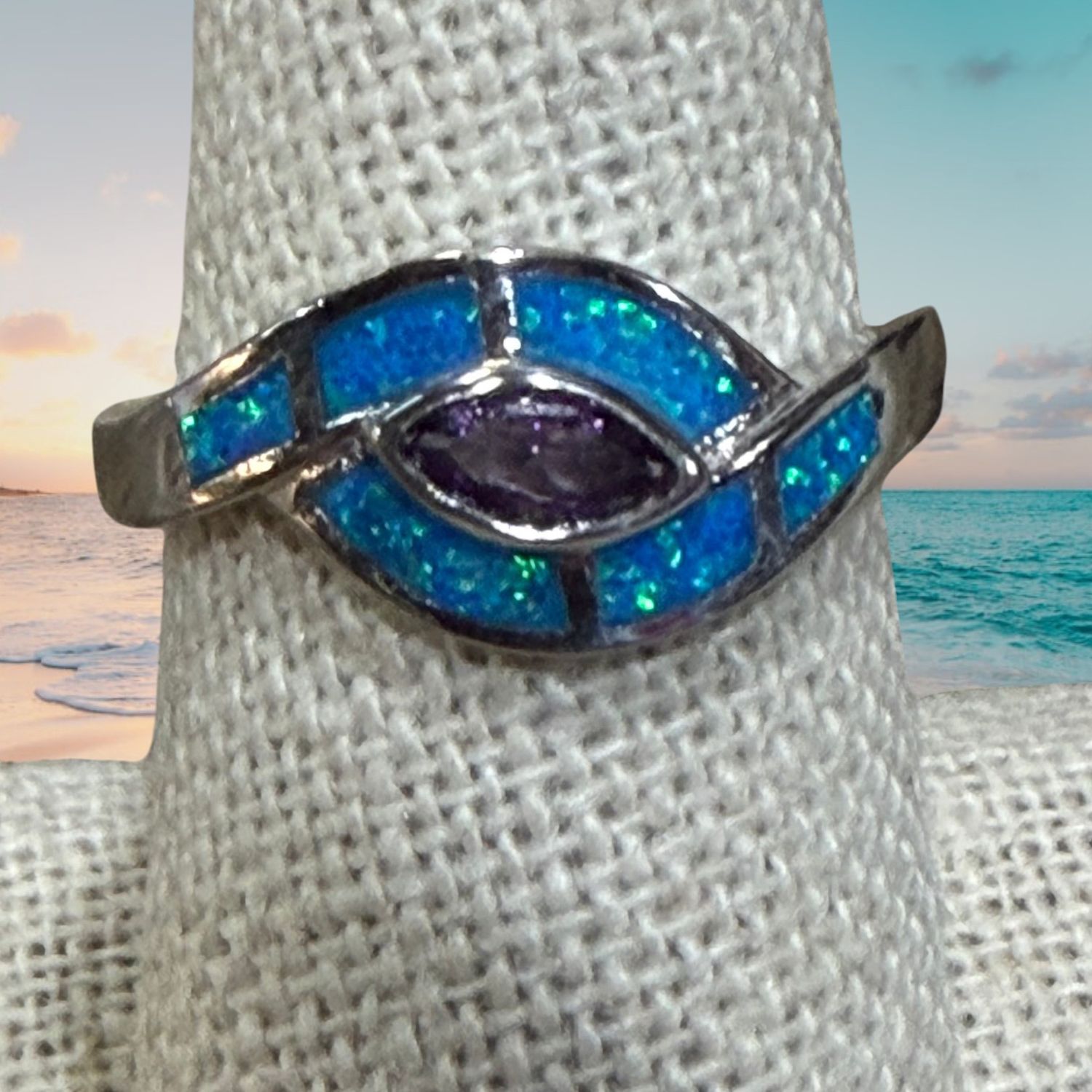 Blue Fire Opal/Purple CZ S/S Ring