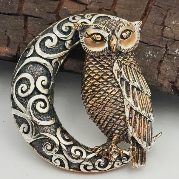 Owl in Moon Oxidized Bronze Pendant
