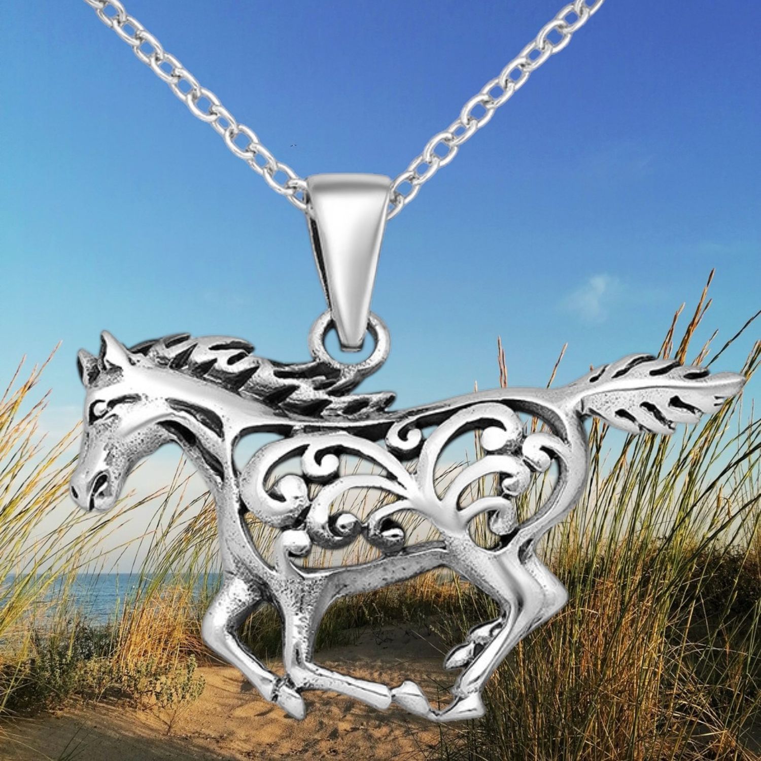 Galloping Sterling Swirl Horse Pendant