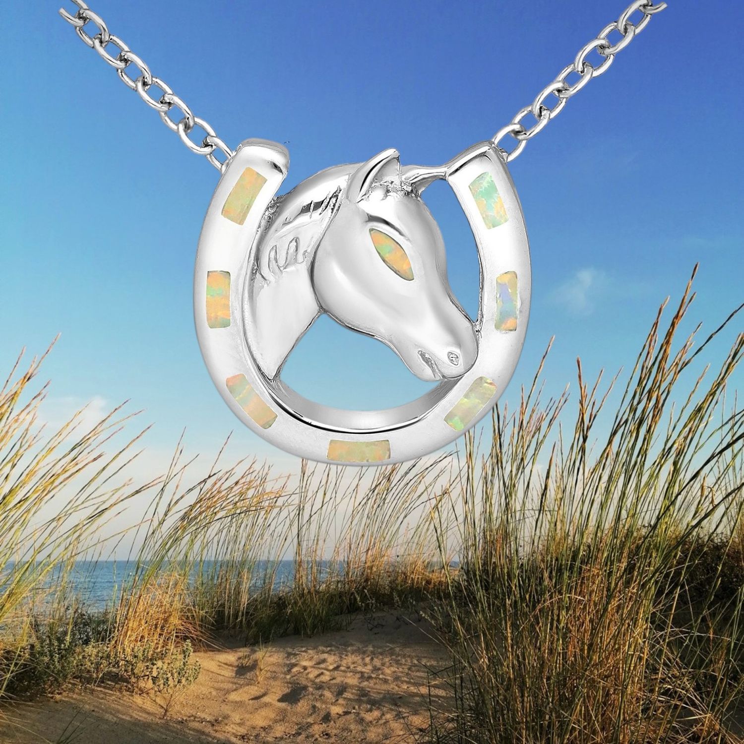 Horse Head in White Fire Opal Shoe Sterling Pendant