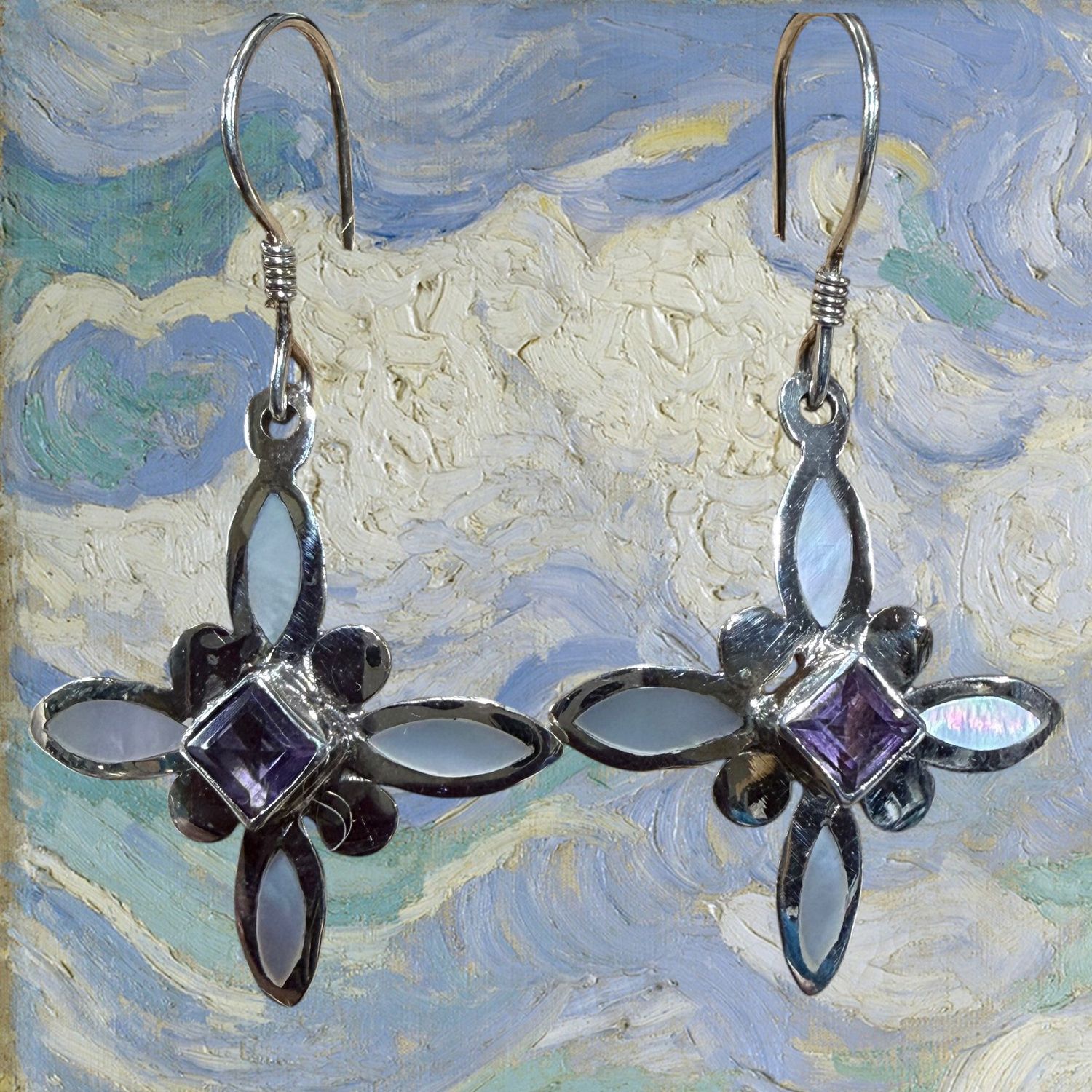 Amethyst and MoP Cross Sterling Silver Earrings