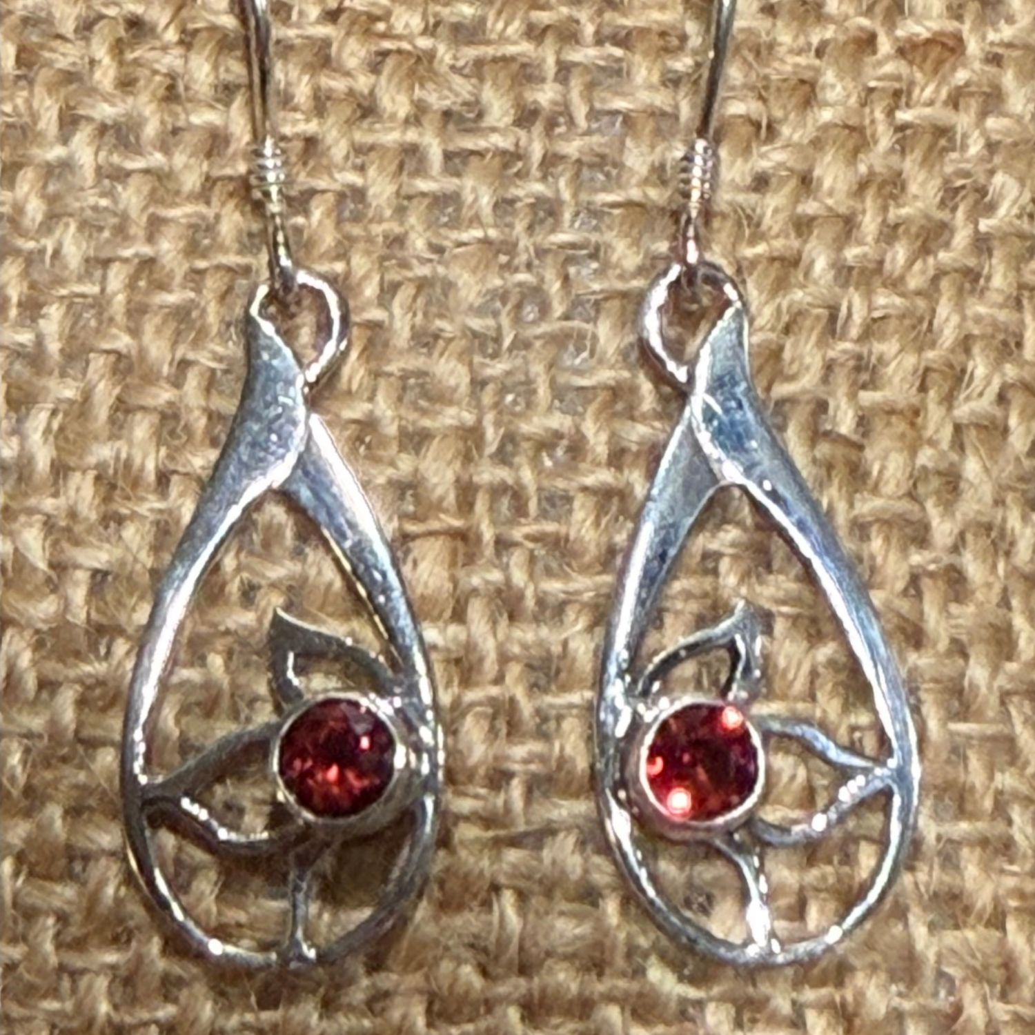 Offset Flower Garnet Sterling Earrings